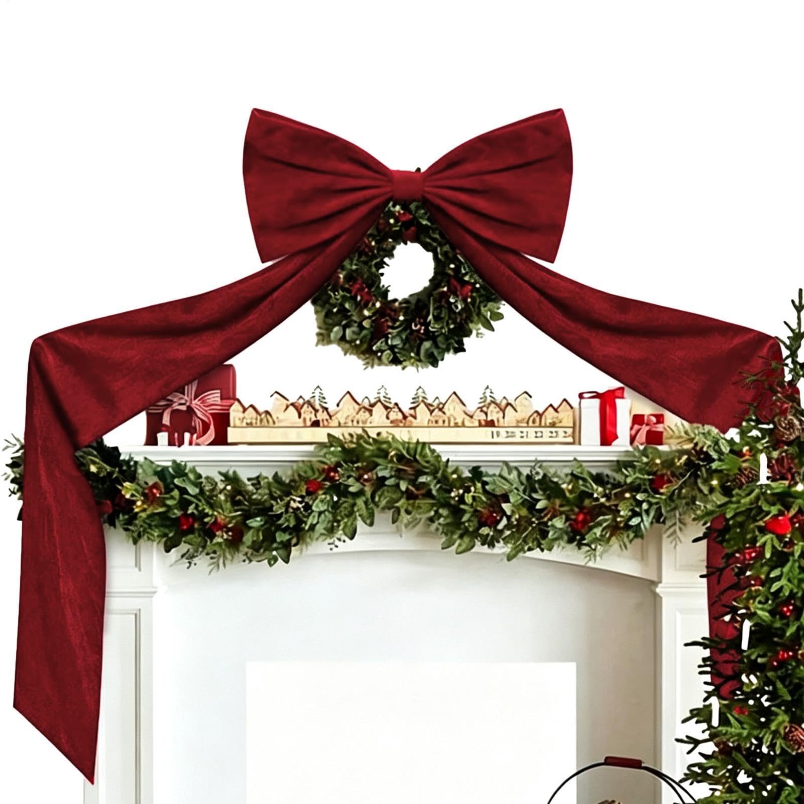 Nœud de tête de Sapin de Noël Décoration Couronne Rouge avec Longs | Grand Nœud De Noël 50 Cm X 180 Cm Pour Porche Extérieur Mur Fenêtre Porte D'Entrée Salon Maison Fête Des
