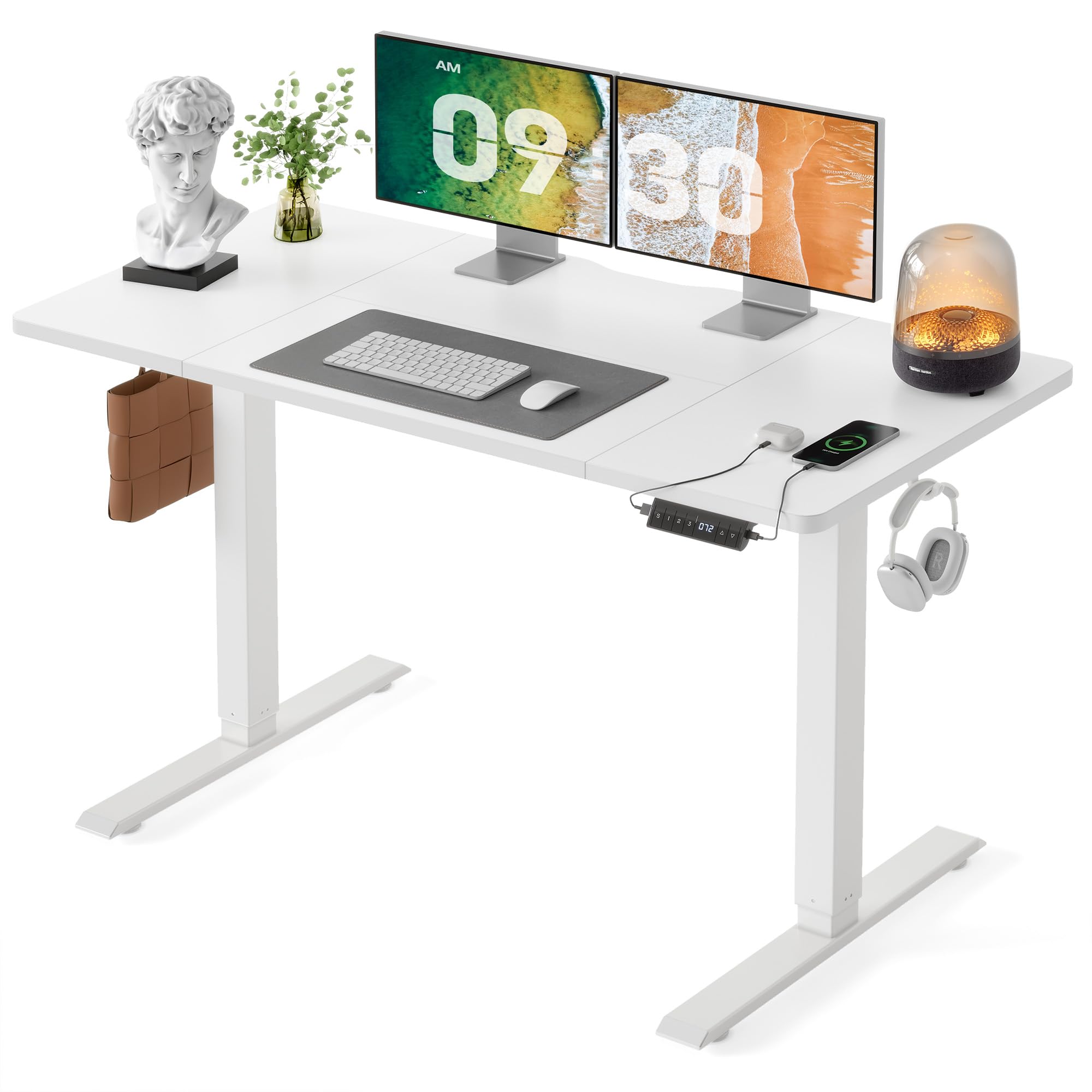FEZIBO Höhenverstellbarer Schreibtisch mit USB-A und USB-C Ladeanschluss, 140 x 70 cm Schreibtisch Höhenverstellbar Elektrisch, Steh-Sitz Tisch, Standing Desk, Weiß