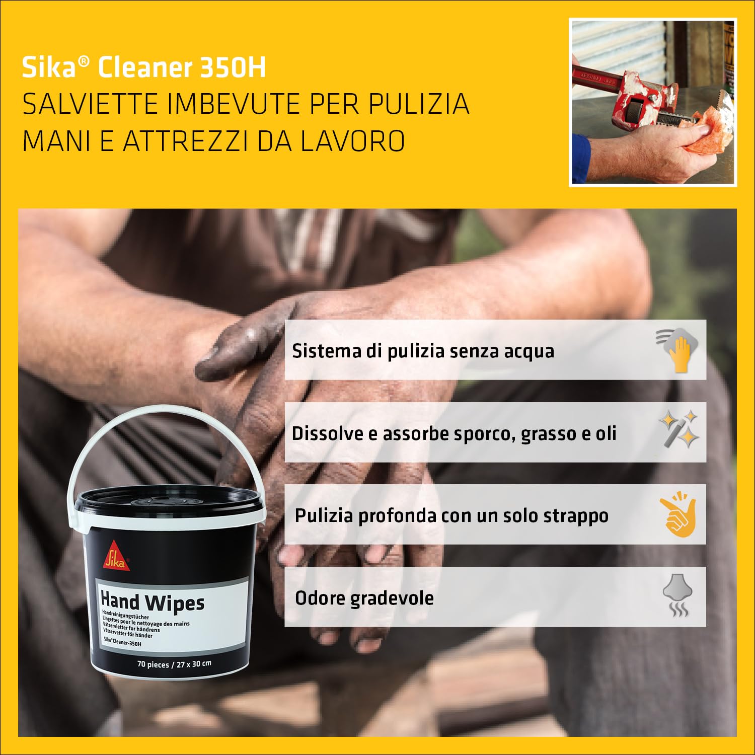 SIKA SikaCleaner-350H Salviette detergenti multiuso 70pz Rimuovono colla grasso e olio