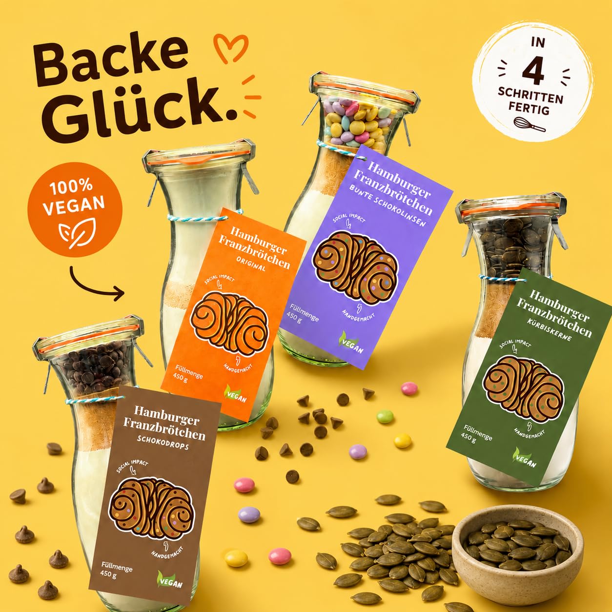 Franzbrötchen Backmischungen Geschenkset mit vier leckeren Sorten, vegan mit nachhaltigen und regionalen Zutaten als Geschenk oder Souvenir aus Hamburg