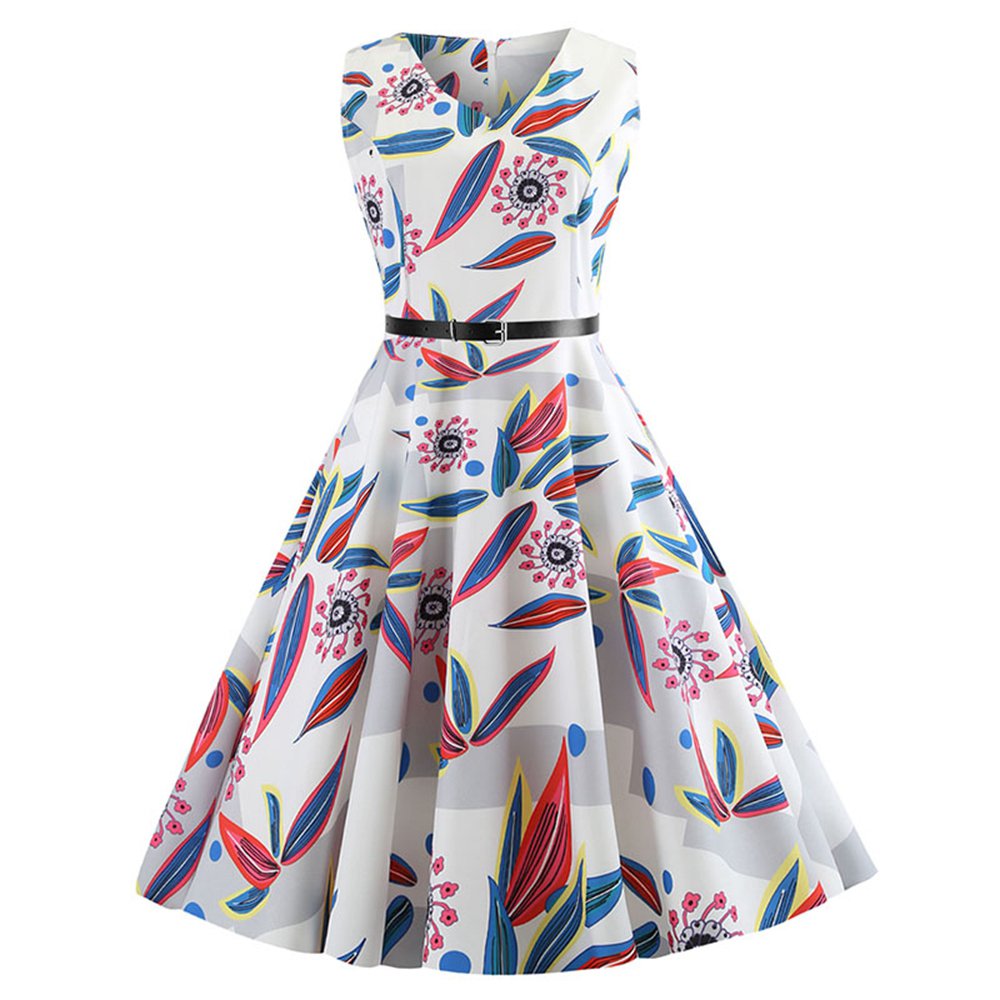 NDJqer Women's 1950s Retro Vintage V-Neck Sleeveless Cocktail Swing Party Dress