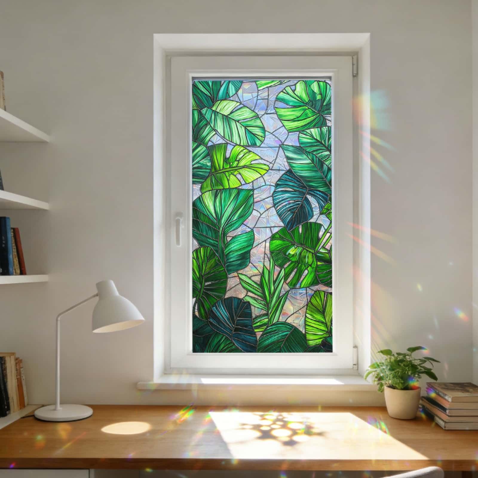 Window Film Privacy 43x100cm Dark Green Leaves Privacy Film for Glass Windows Office Kitchen Living Room Bathroom Opaque Reusable Window Stickers for Glass