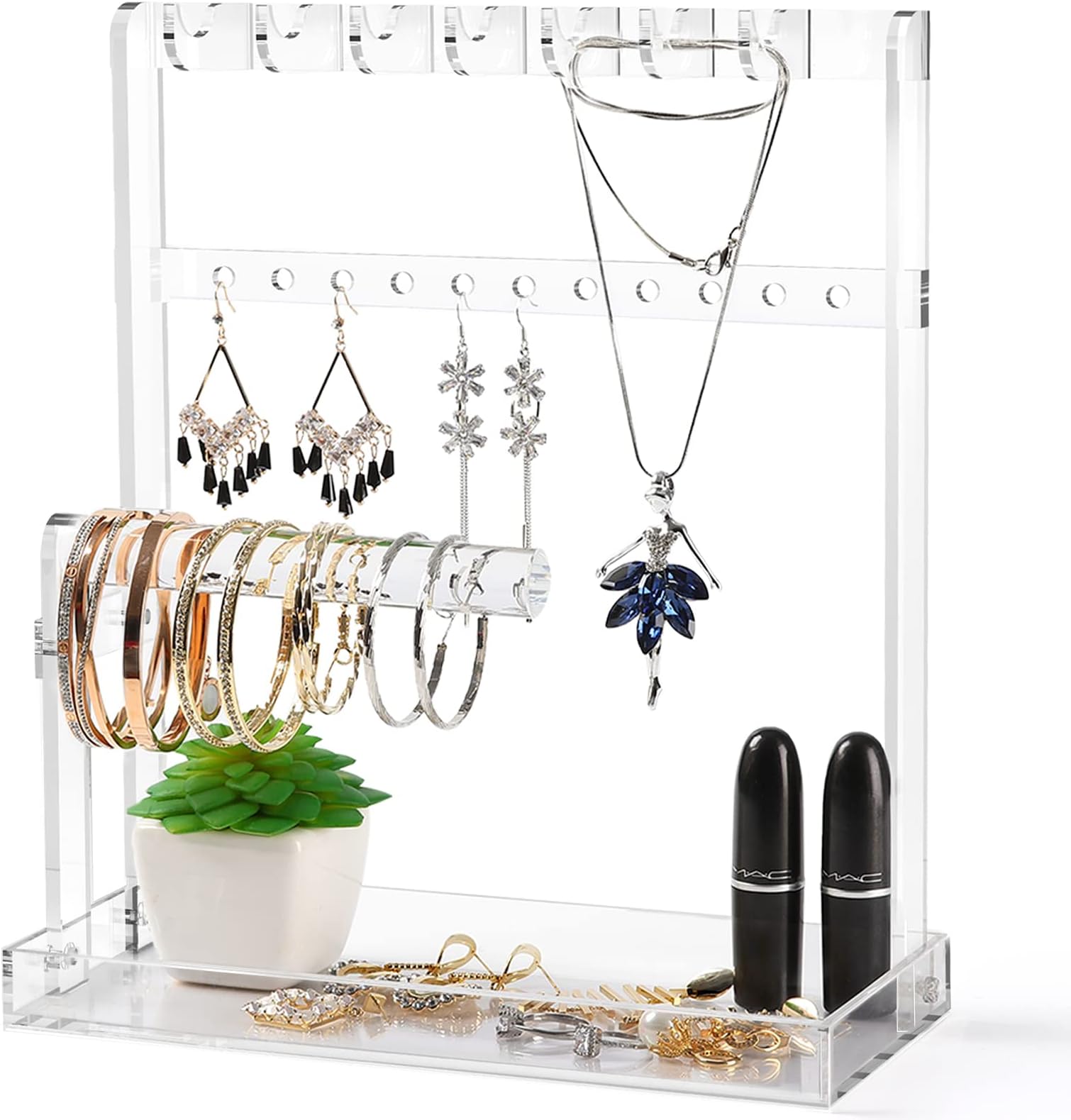 Jewelry Stand Holder Jewelry Tree 4-Tier Necklace Earring Bracelet Ring Watches Hanging Organizer Acrylic Jewelry Display Tower Glasses Perfume Organizer Women Girls Best Gift with Tray