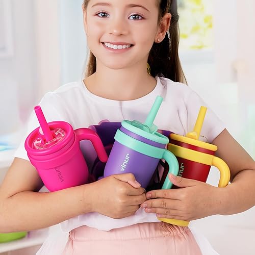Miniatura 8 de VINUR Vaso para niños con asa, de acero inoxidable de 14 onzas, aislado al vacío, a prueba de fugas, vaso de viaje con tapa de popote 2 en 1,