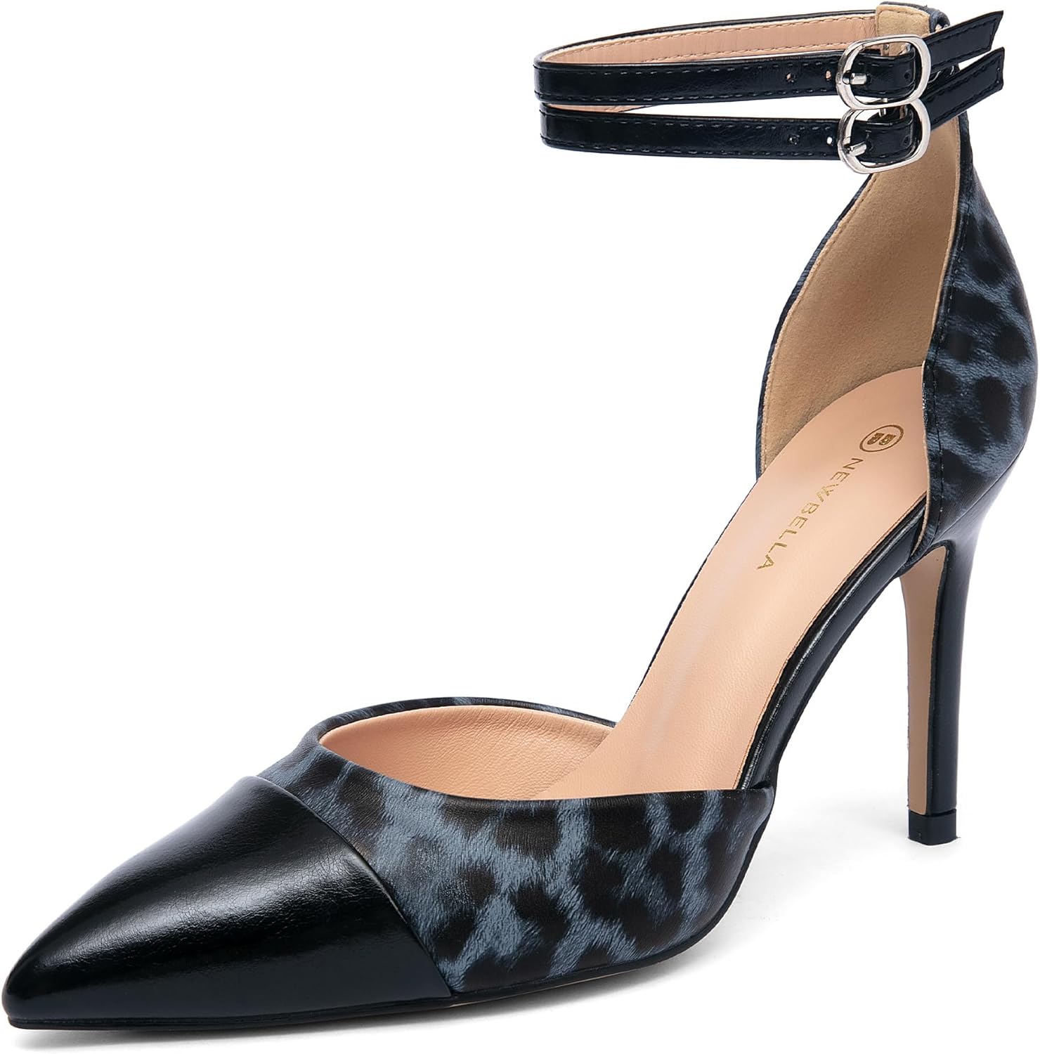 NEWBELLA Women's Double Buckle Stiletto Sandals - Elegant Pointed Toe Pumps for Daily Commute & Evening Events, Comfortable Dress Shoes with Adjustable Straps