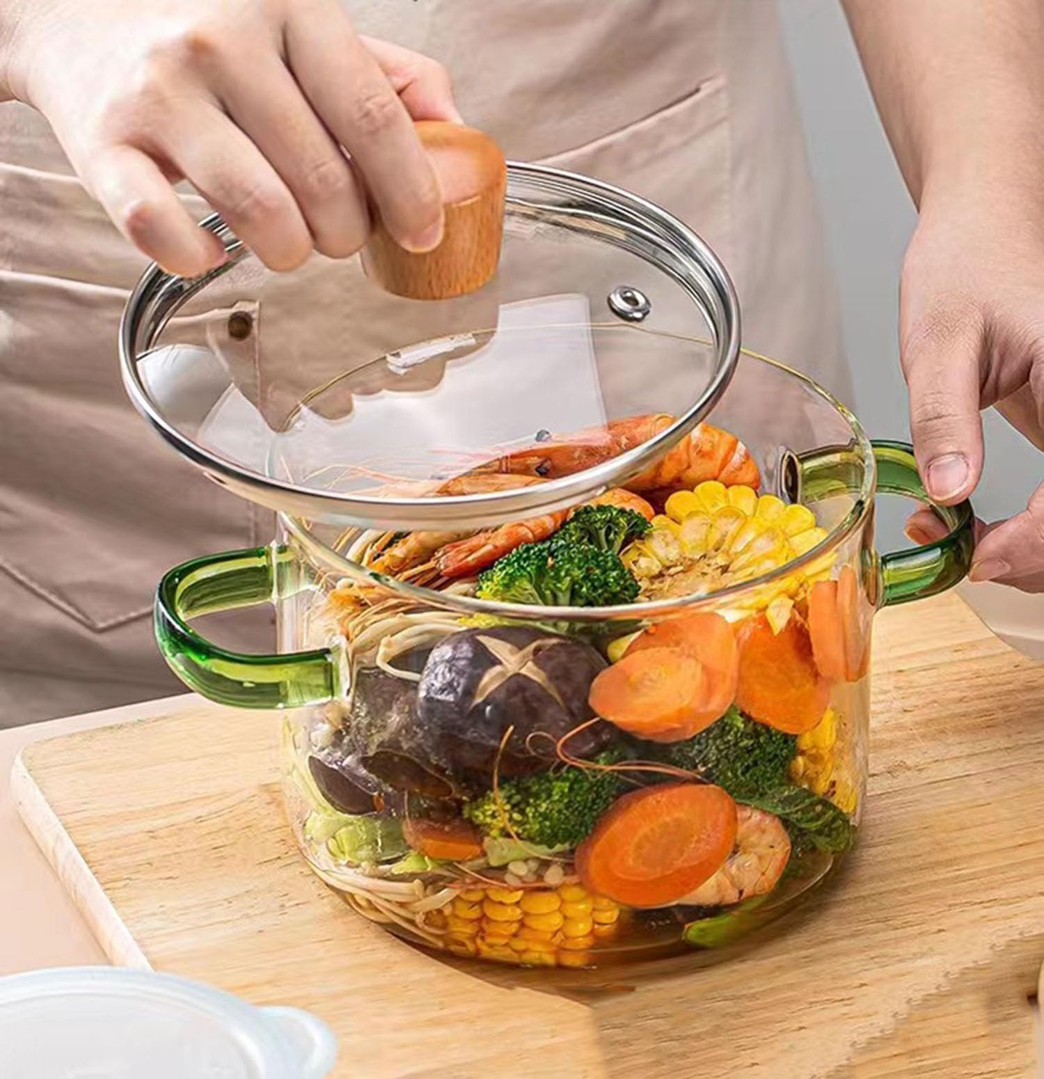 Glas-Topf, mit Deckel und Holzgriff, Glaskochgeschirr for Pasta, Nudelsuppe, Milch, Babynahrung, transparent(1600ml)