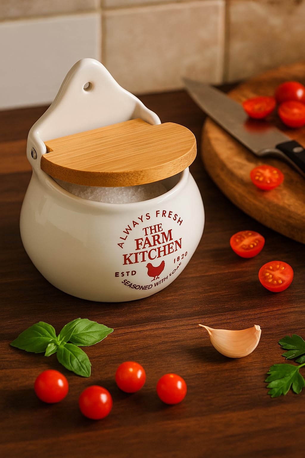 Saliera in ceramica bianca con coperchio in legno, 12 cm, barattolo per sale e spezie per la cucina e il riposo a parete
