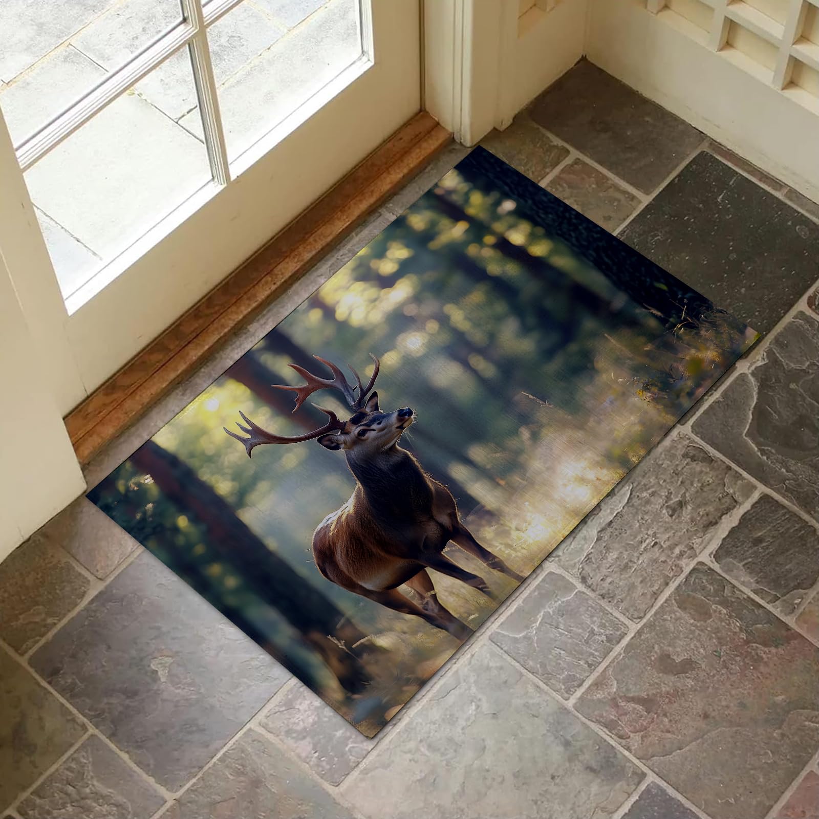 VANZEV Majestic Deer in Forest Indoor Door Mat for Entryway, 17x29.5 Inch, Woodland Deer Floor Doormat for Home Decor, Non-Slip Rug Mat for Living