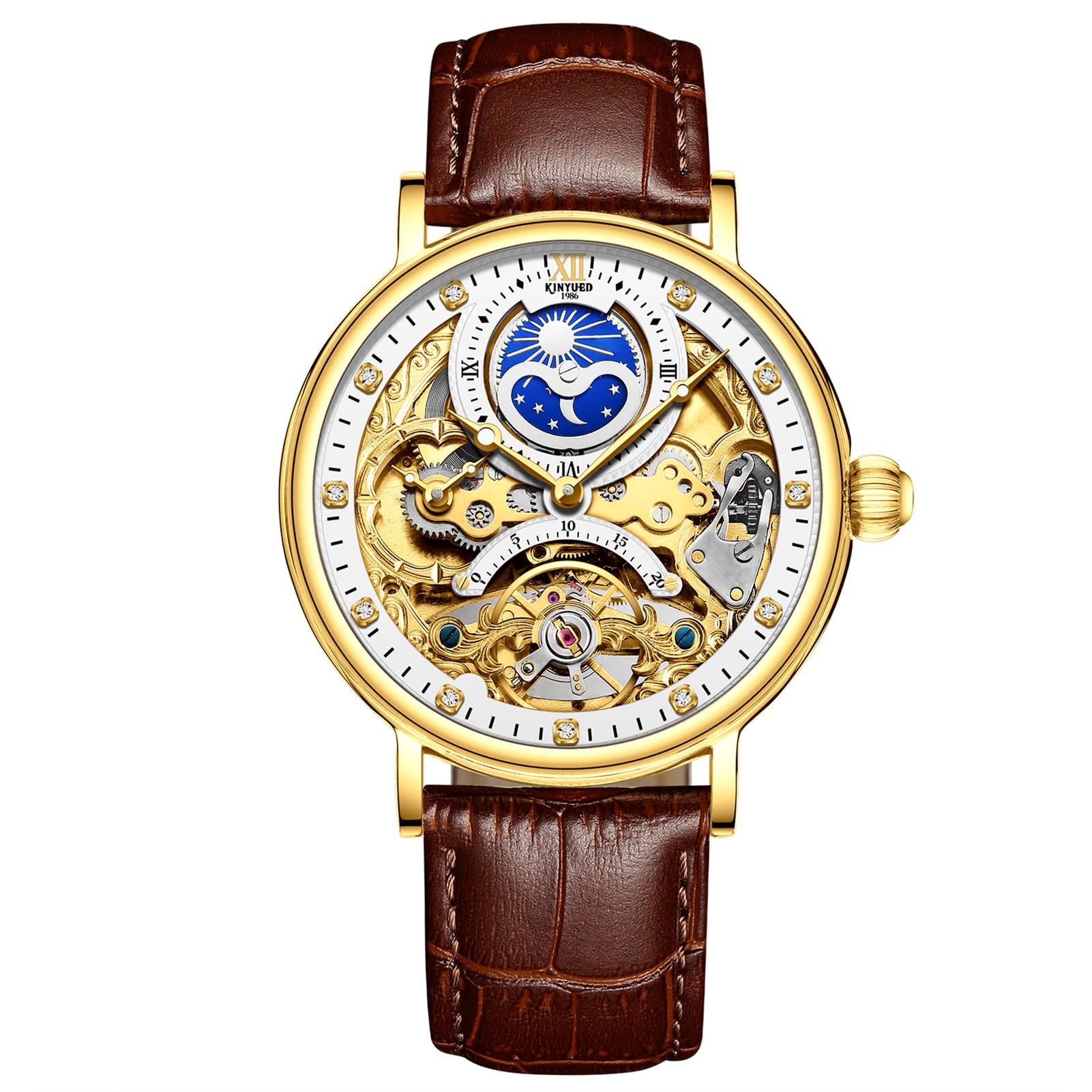 FORSINING Herren-Armbanduhr Tourbillon Mondphase, automatische Armbanduhr, modisch, Business, luxuriös, Skelett, Herrenuhr, zweifache Zeitanzeige, selbstaufziehendes Lederband, Goldbraun, Armband