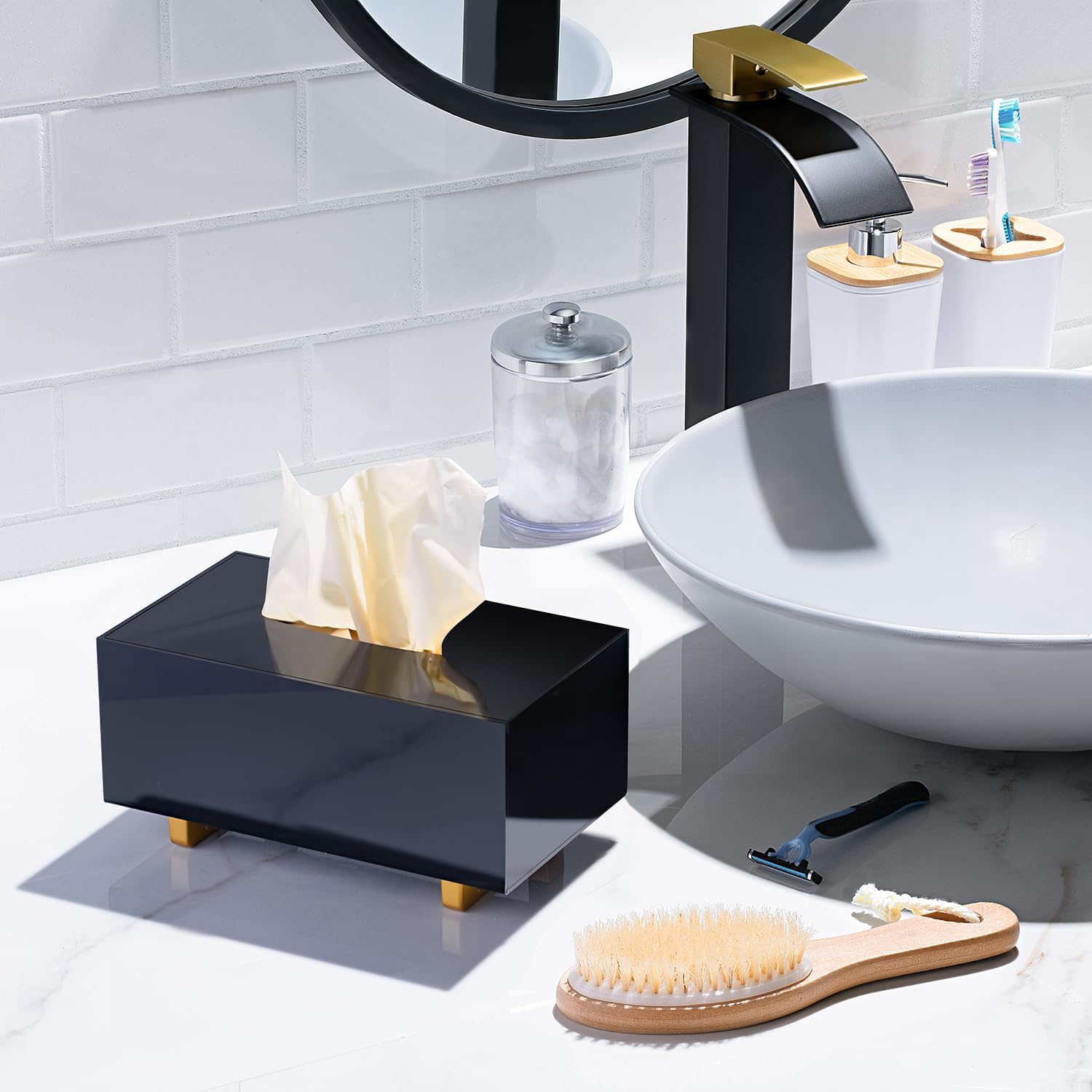 YoBa Thick Black Acrylic Tissue Box Holder Rectangular Tissue Box Dispenser with Gold Plated Aluminum Legs for Bathroom, Kitchen, Bedroom, Office, Hotel and Restaurant image 4