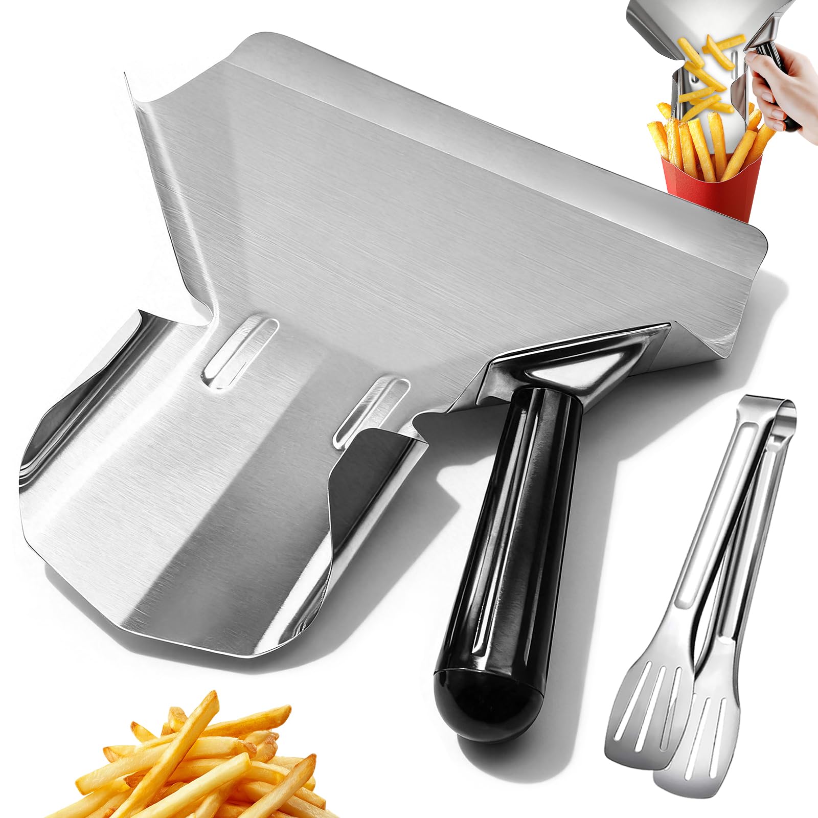 1 pala para patatas fritas, 22,5 x 21 cm, acero inoxidable, con 1 mango derecho, para el hogar, cocina, aperitivos, dulces, postres, con un mango y pinzas para el pan