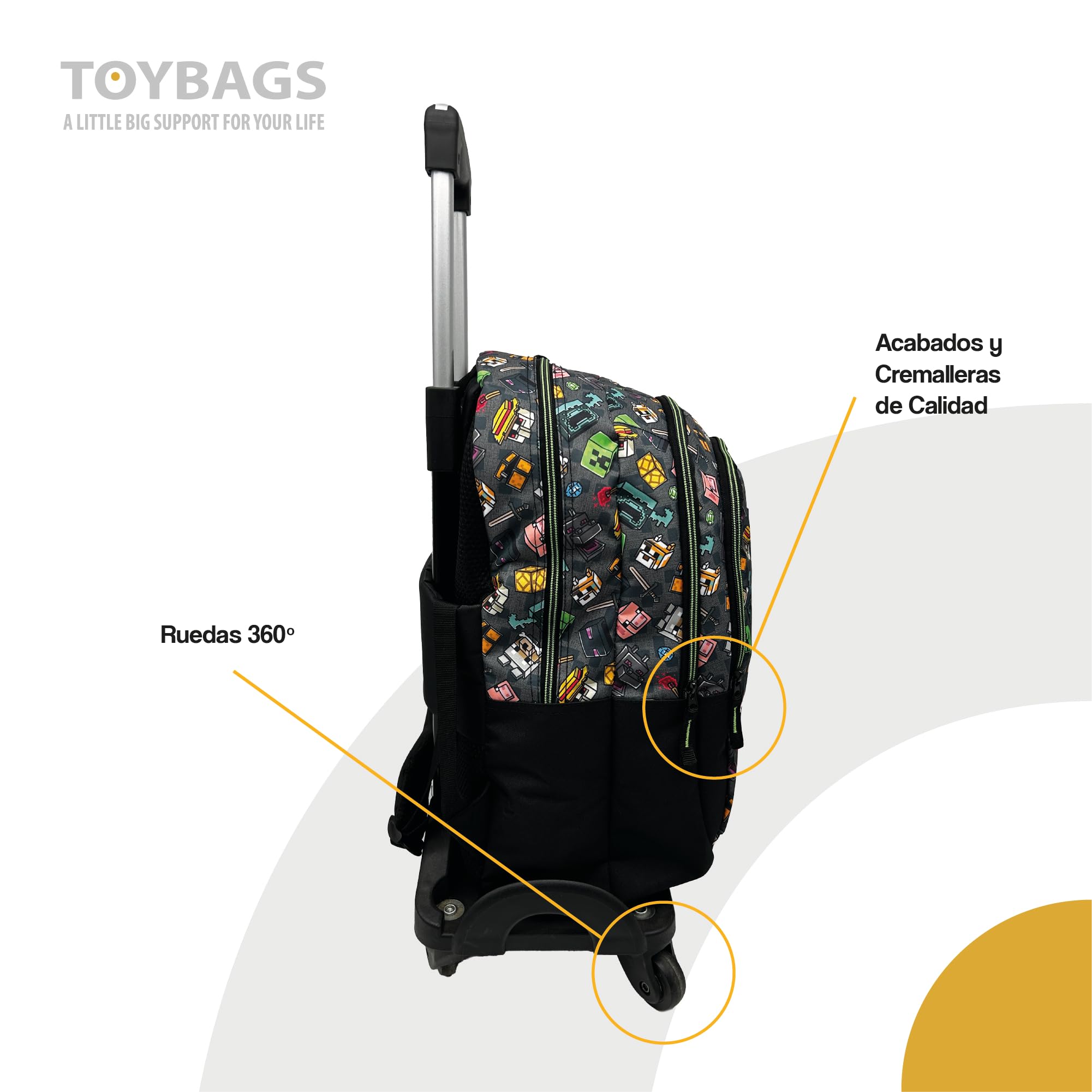 ToyBags Mochila Escolar Minecraft Pixel 25 Doble Compartimento Adaptable con Carro Negro con Protección Lateral y Stoper Frontal Anti Caída 4 Ruedas Giratorias 44 x 30 x 20 cm