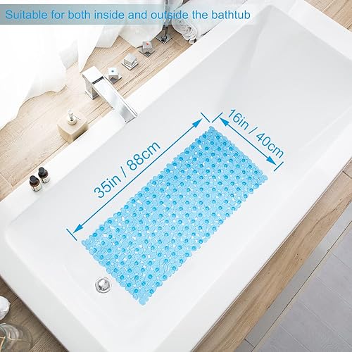 Miniatura 4 de Tapete de baño antideslizante para bañera y ducha, 35 x 16 pulgadas, lavable a máquina, con orificios de drenaje, ventosas para baño (azul