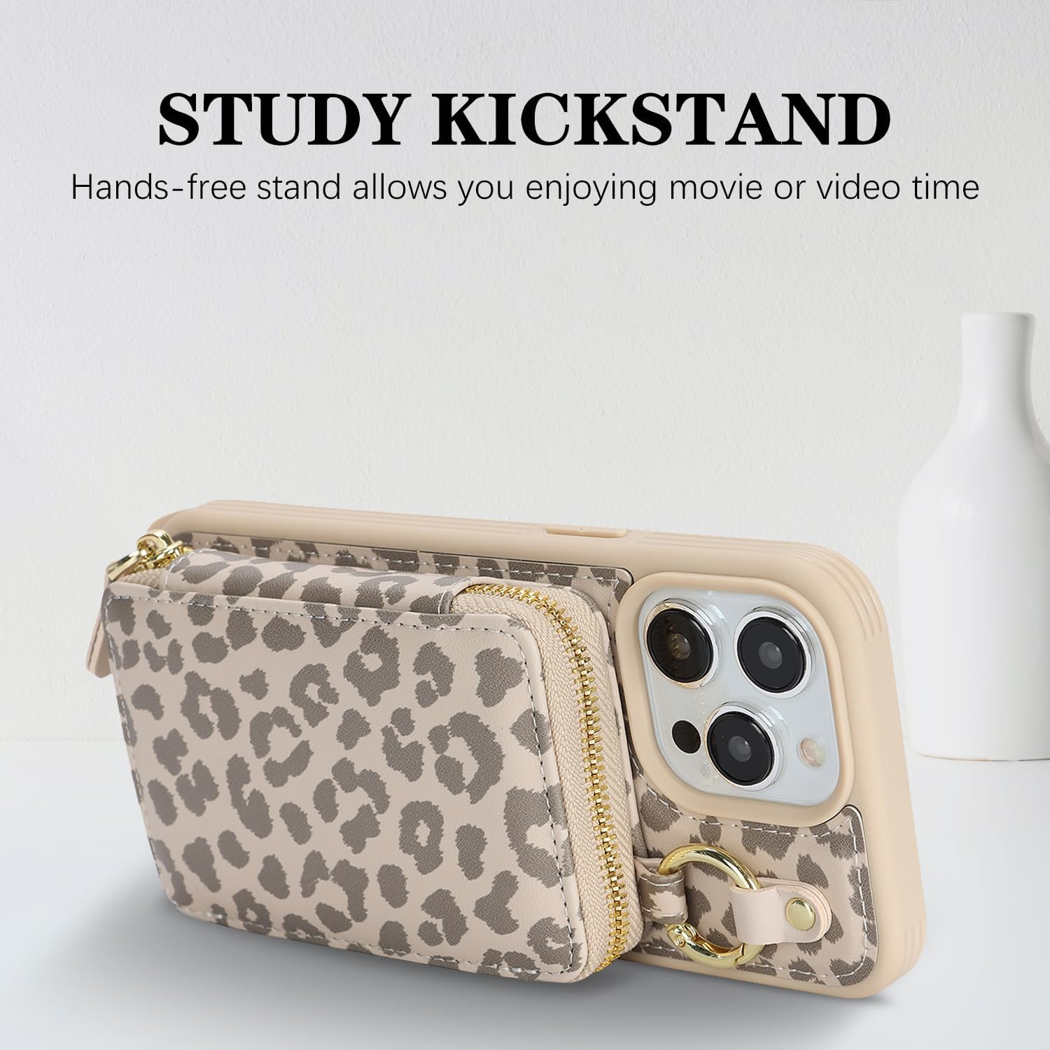 Cavor for iPhone 15 Pro Max Wallet Case with Card Holder for Women Men, for iPhone 15 Pro Max Case with Strap, Crossbody Lanyard Phone Case, Magnetic Detachable Compatible with Magsafe-Beige Leopard