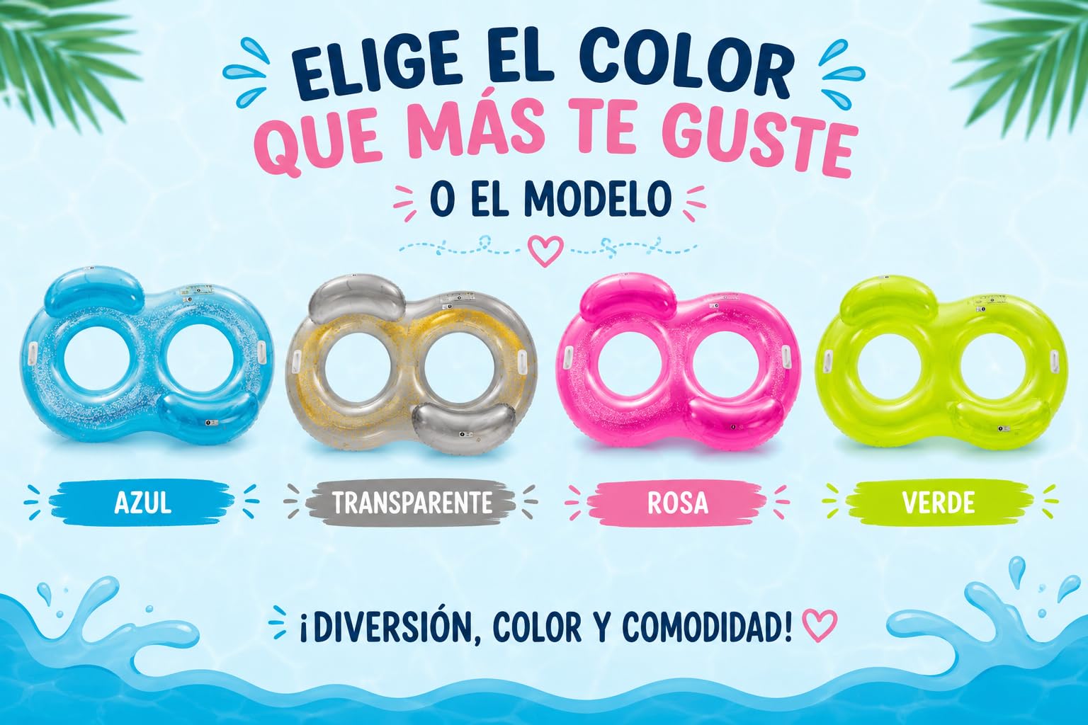 Flotador Hinchable 2 Personas 188x117 cm Colchoneta Doble en Forma de Ocho – Color Rosa Glitter -Soporta 200 kg – Colchoneta Grande Adultos Verano