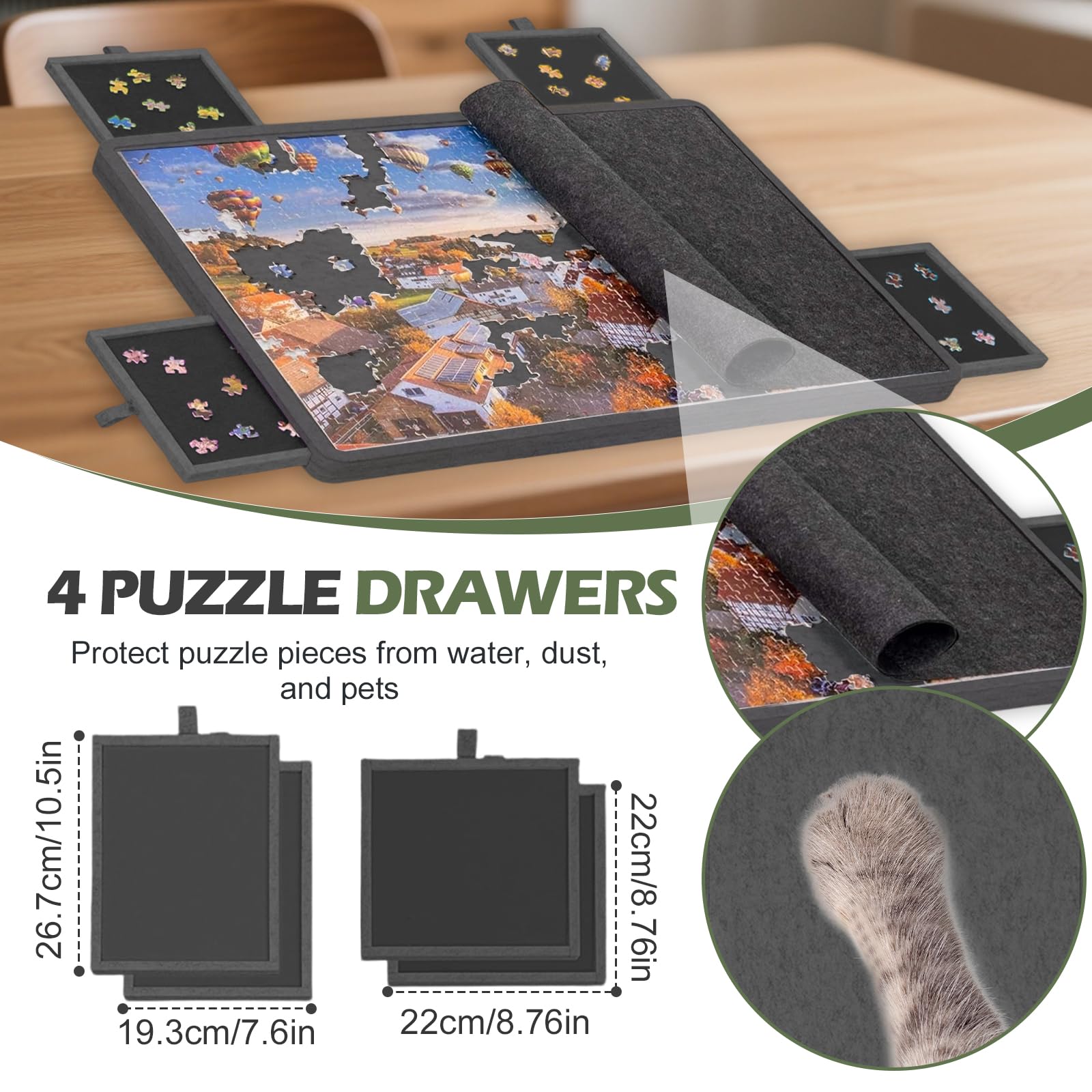 Jigsaw Puzzle pieghevole con 4 cassetti, tavolo puzzle portatile con supporto 2 in 1 e copertura, super leggero in feltro con 6 scomparti, accessorio puzzle per fino a 1000 pezzi (nero)