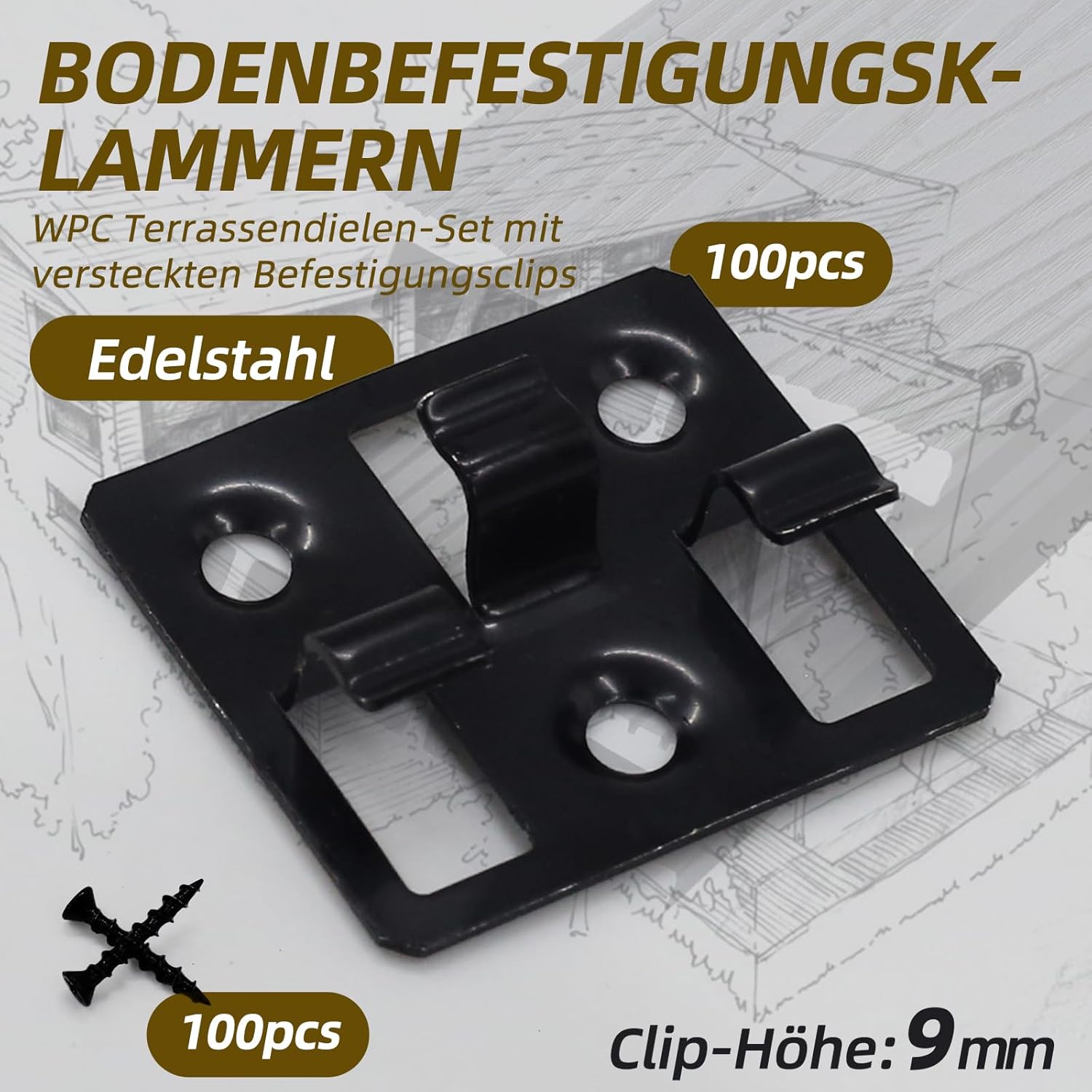 WPC Floor Clips, Concealed Stainless Steel Fixings, Suitable for WPC and BPC Floor Tiles, Easy to Install Floor Fixings (100 Clips, 100 Screws, Black) (Gap 5 mm Height 9 mm)
