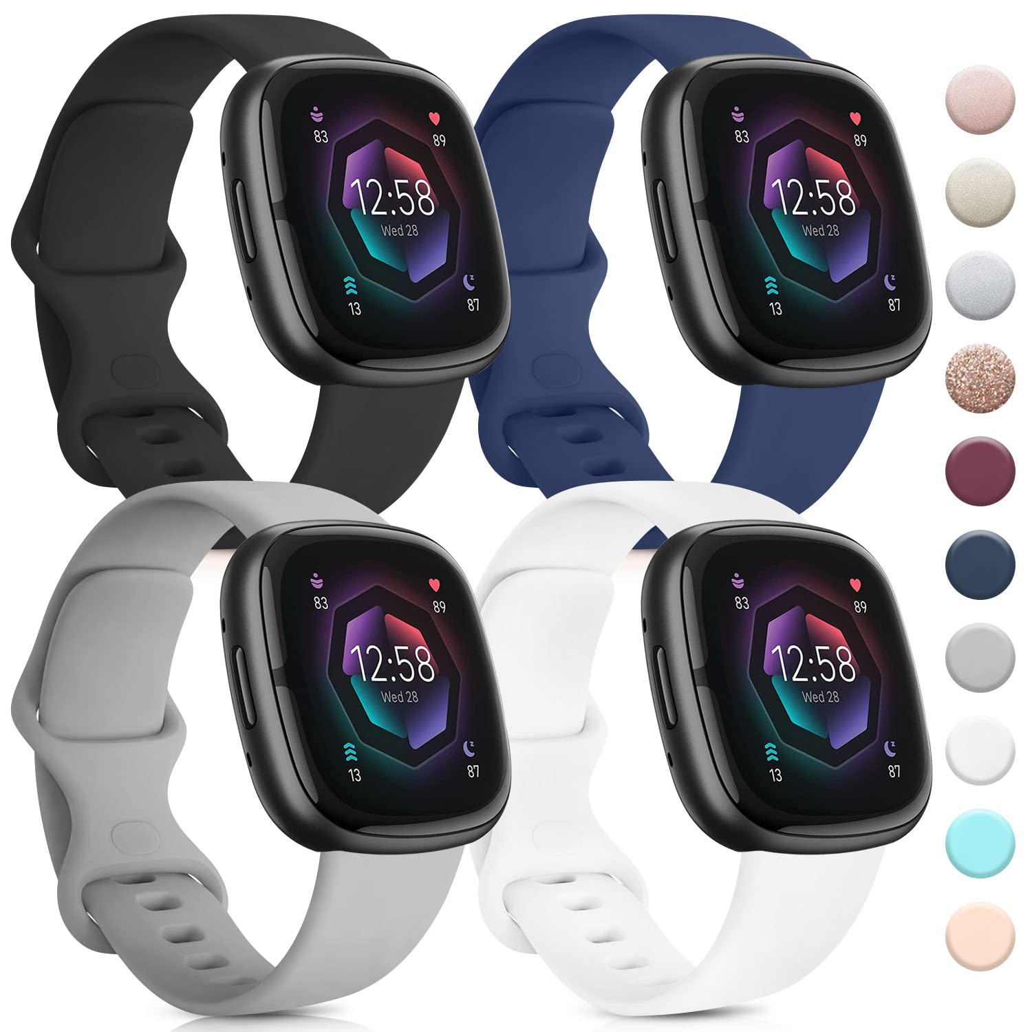 4 PACK Bands Compatible with Fitbit Sense 2 / Sense Bands/Fitbit Versa 4/ Versa 3 Bands Women Men, Classic Soft Silicone Straps for Fitbit Sense 2 / Sense/Versa 4 / Versa 3 Smart Watch