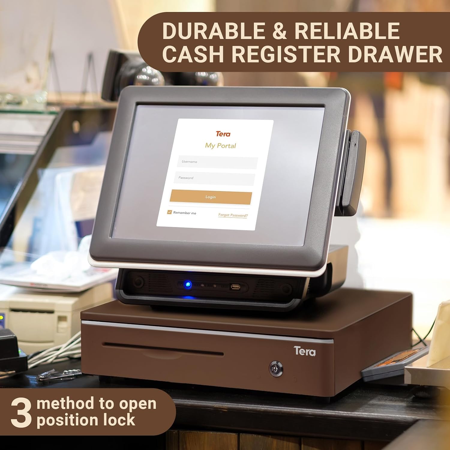 Tera 16 inch Cash Drawer: with Micro Switch Auto Open Heavy Duty Insert Tray 5 Bill 8 Coin for POS System Removable Cash Tray Media Slot 24V RJ12 Key-Lock (Round Corner) for Retail 405R Coffee