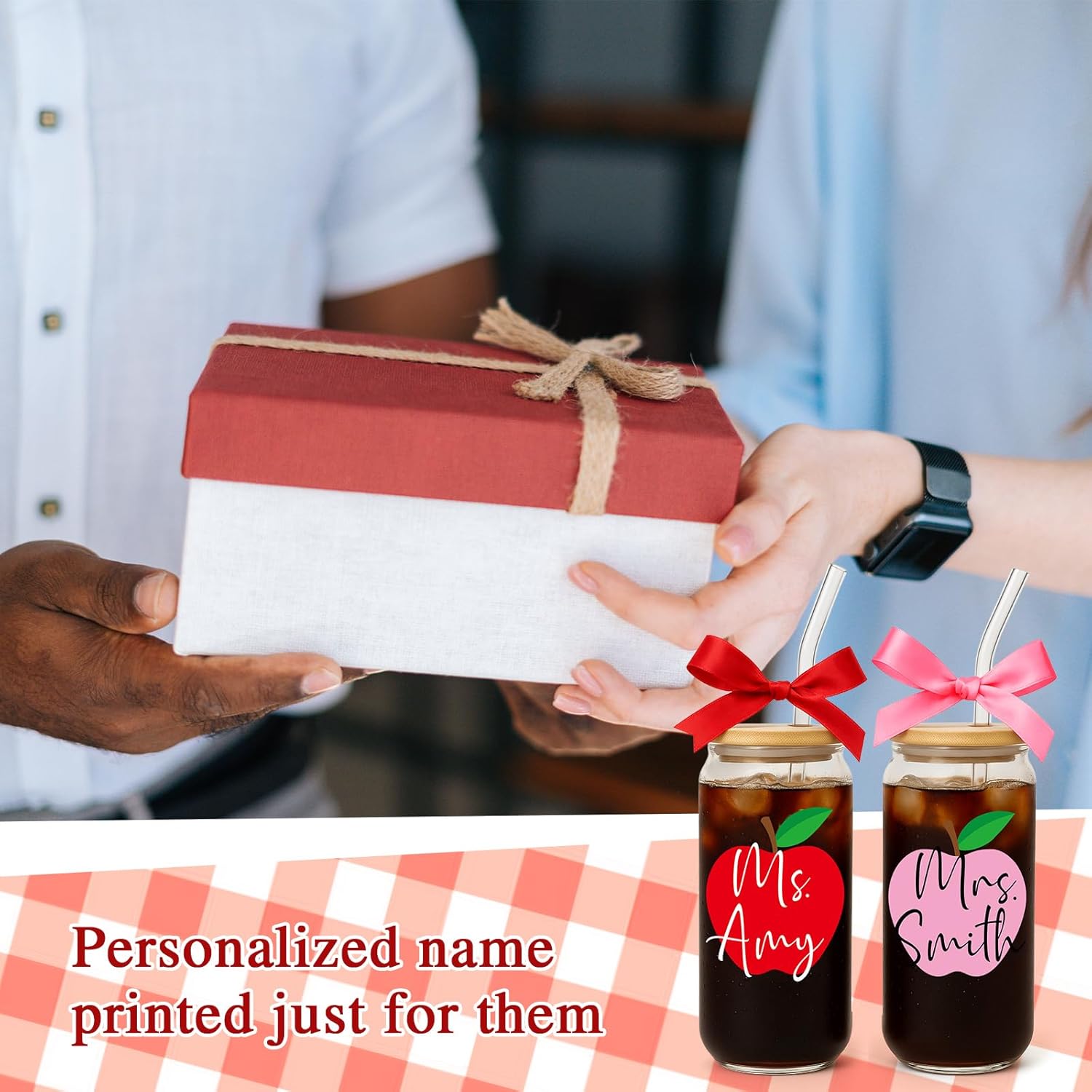 Skylety 6 Pack Personalized Clear Glass Cups Gifts 16 oz DIY Appreciate Cup Teacher Gifts Red Pink Custom Name UV Apple Sticker with Lids Glass Straw Ribbon for Family Employee Coworker - Image 7