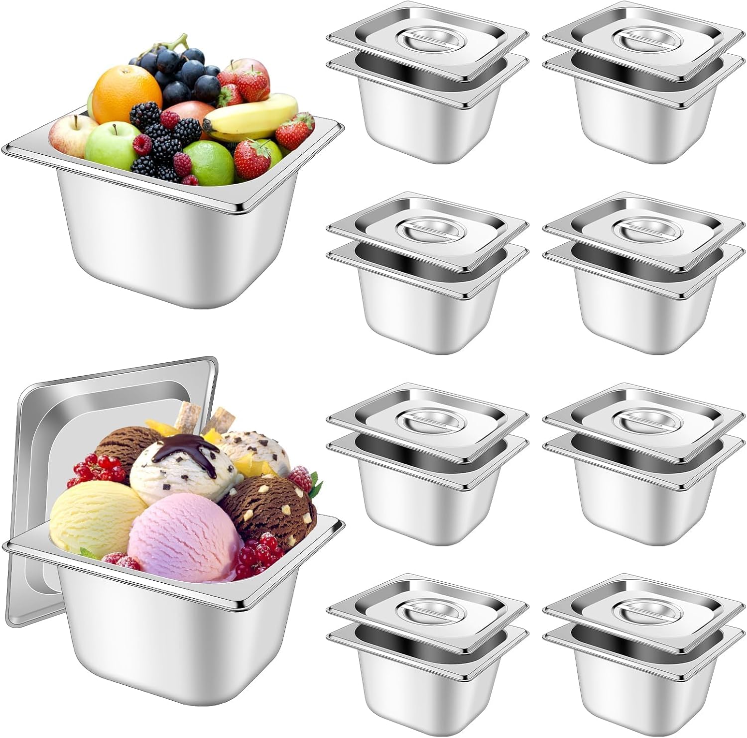 10 Set Stainless Steel Hotel Pans with Lids 1/6 Size 4 Inch Deep Steam Table Pans Food Containers Catering Food Storage Metal Pan Lid Anti-Jam Steam Pan Cover for Commercial Restaurant Hotel Buffet