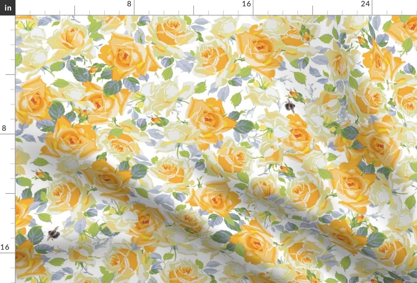 Spoonflower Fabric - White Floral Flowers Yellow Roses Garden Bee Printed on Upholstery Velvet Fabric Fat Quarter - Upholstery Home Decor Bottomweight Apparel