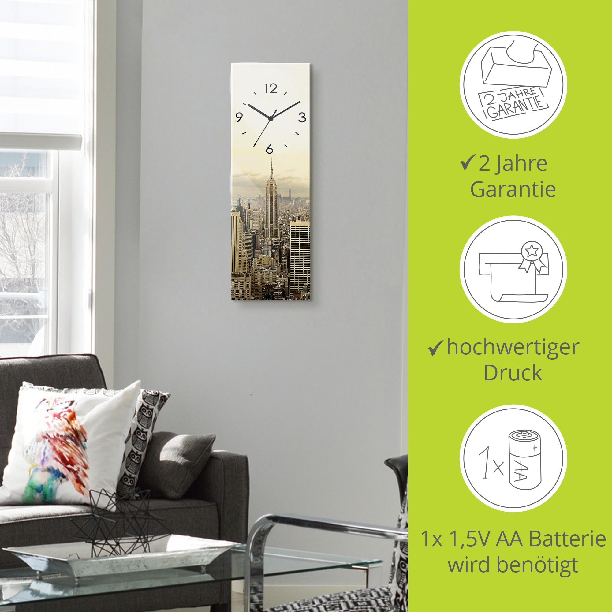 ARTLAND Wanddeko Wanduhr ohne Tickgeräusche Glas Funkuhr 20x60 cm Rechteckig Lautlos New York Skyline Städte USA Amerika Manhattan Modern T1TO