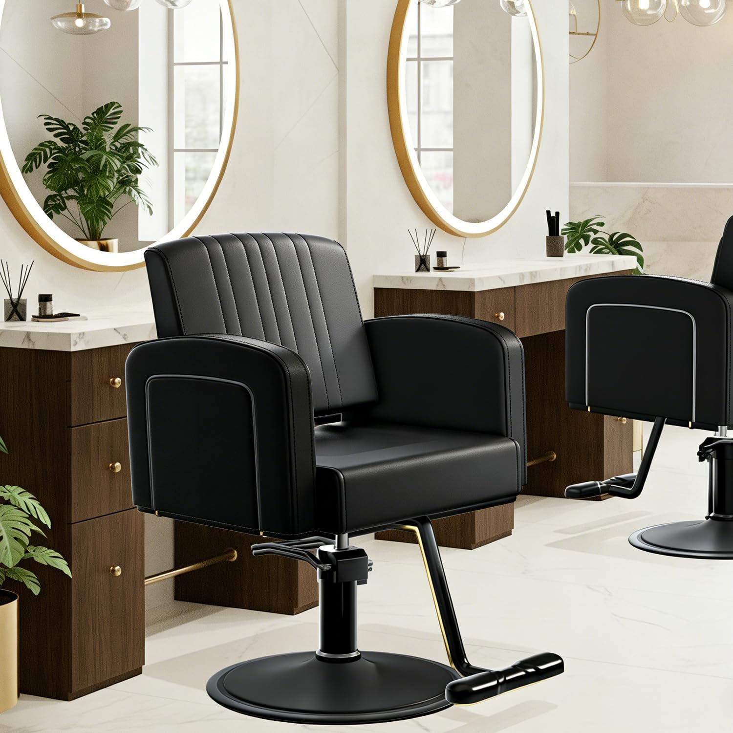 Professional Hydraulic Salon Chair, Modern Styling Chair with Premium Gold Accents, Height Adjustable Swivel Barber Chair with Locking&Luxury Footrest for Hair Stylist, Beauty, Spa (Black)