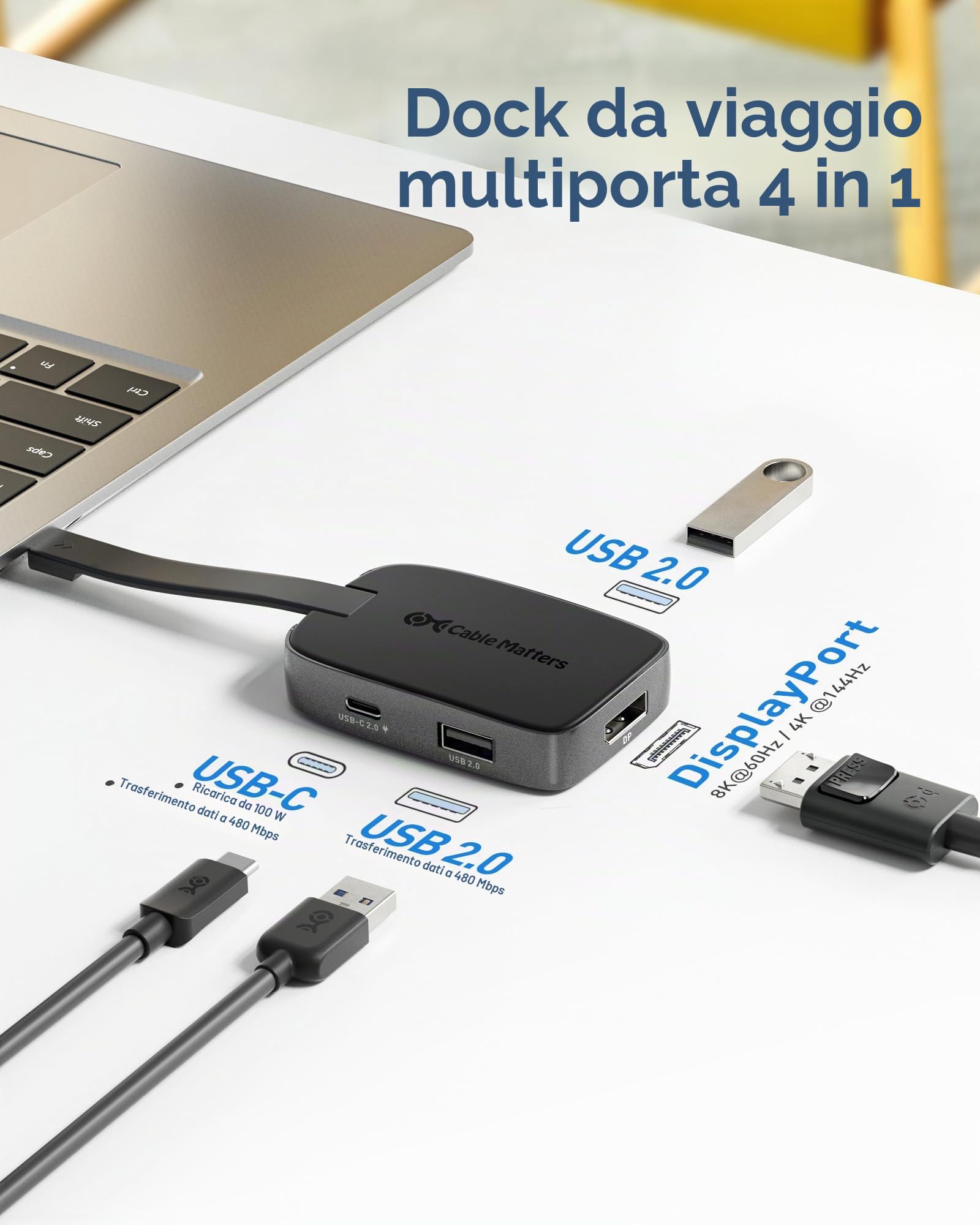 Cable Matters Hub USB-C pieghevole DisplayPort 1.4, 4K@240Hz | 4K@144Hz / 8K@60Hz, HDR, 2x USB-A, 1x USB-C, Ricarica host 100 W, Compatibile Thunderbolt 4/USB4
