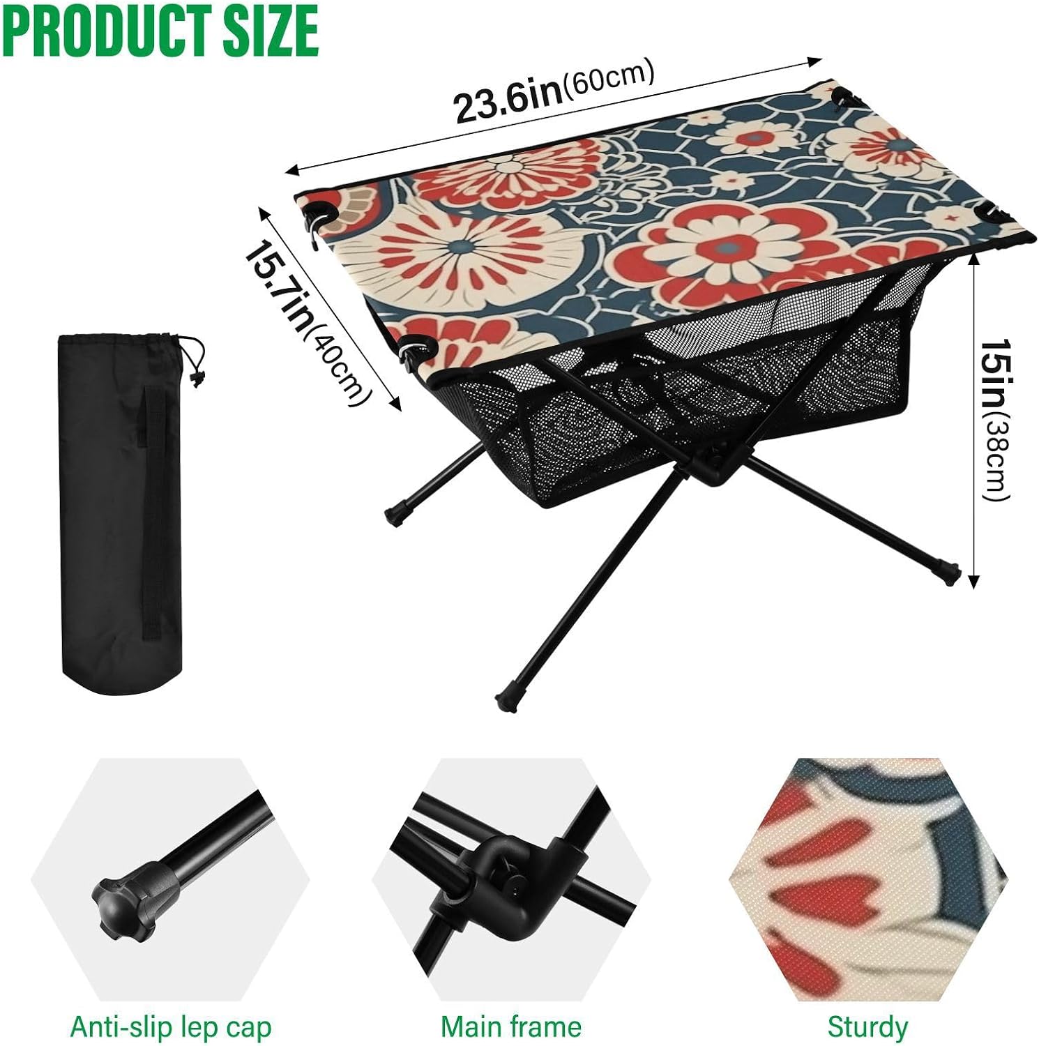 Folding Table Camping Red and Blue Japanese Vintage Floral Camping Table Fold Up for Picnic Camp Travel