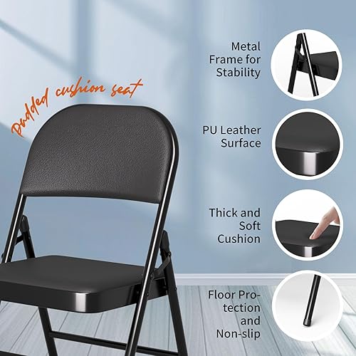 Miniatura 4 de Juego de 4 sillas plegables con asientos acolchados, marco de metalacero con cojín de piel sintéticavinilo, capacidad de 320 libras, uso en