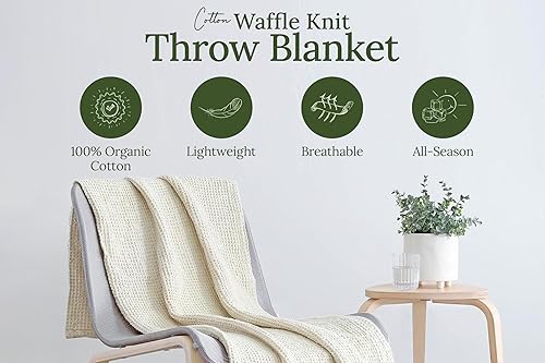Miniatura 2 de Manta de punto gofre de algodón para sofá, 100% algodón orgánico, color crema, para cama, ligera, suave, lujosa y de alta calidad, 50 x 60 pulgadas