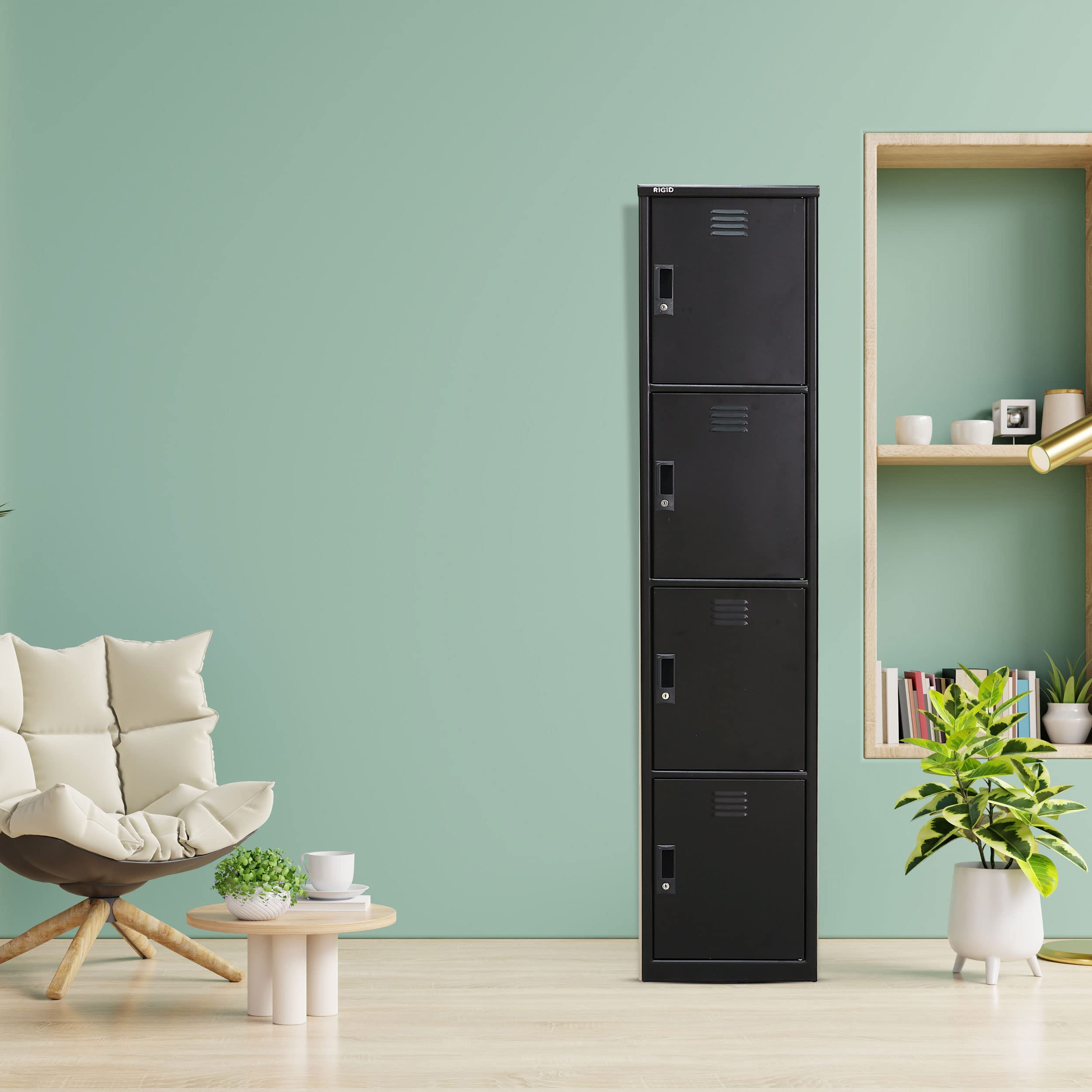 RIGID Four Door Storage Lockers | Steel Metal Cabinet with 2 Shelf Storage | Lockable Doors with Plastic Handle for Home Office School Gym Use (Black, 180H x 38W x 46.5D CM), Pre-Assembled