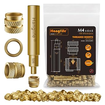 HANGLIFE M4 Heat-Set Threaded Inserts with Insert Tip, Heat Set Insert for 3D Printing Components and Plastic Parts with Soldering Iron Press Tool - Brass Metric Knurled Nuts 100 Pieces