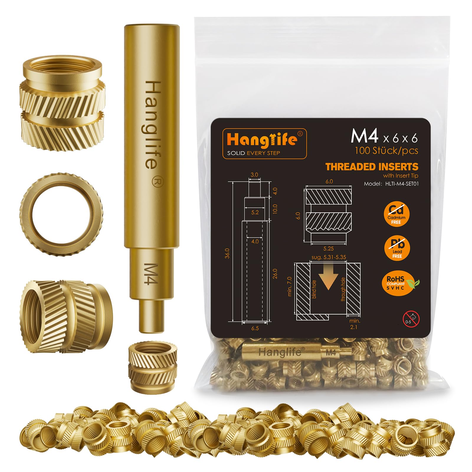 HANGLIFE M4 Heat-Set Threaded Inserts with Insert Tip, Heat Set