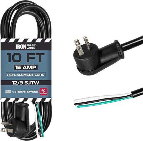 Iron Forge Cable Cable de alimentación de repuesto de calibre 12 de enchufe plano, 10 pies, 15 amperios, color negro, resistente, cable SJT de 123