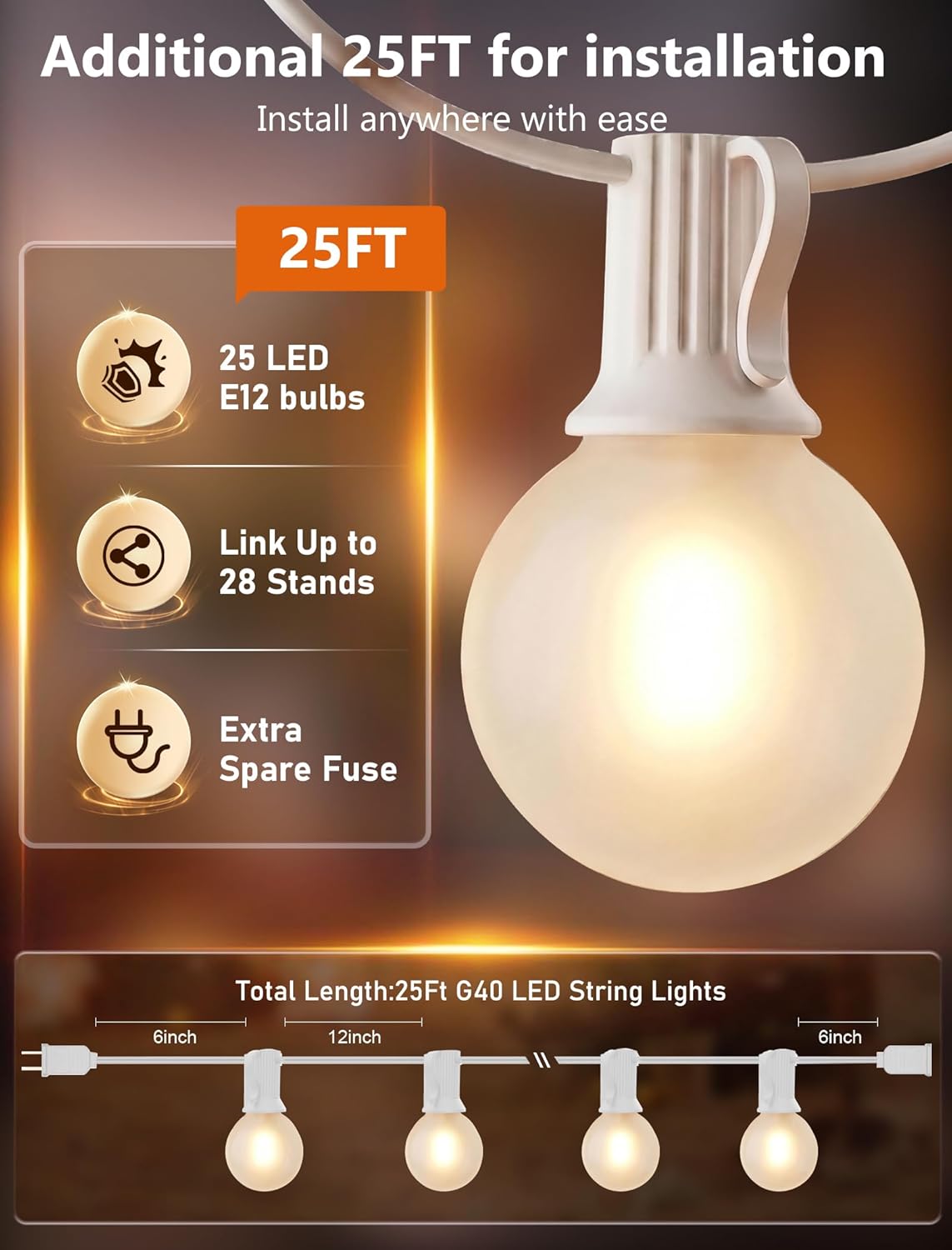 25FT G40 LED Frosted Outdoor String Lights, Globe String Lights with 27 Edison Shatterproof Bulbs(2 Spare), Decorative Lights for Bedroom Bistro Café Wedding, Warm White, White Wire