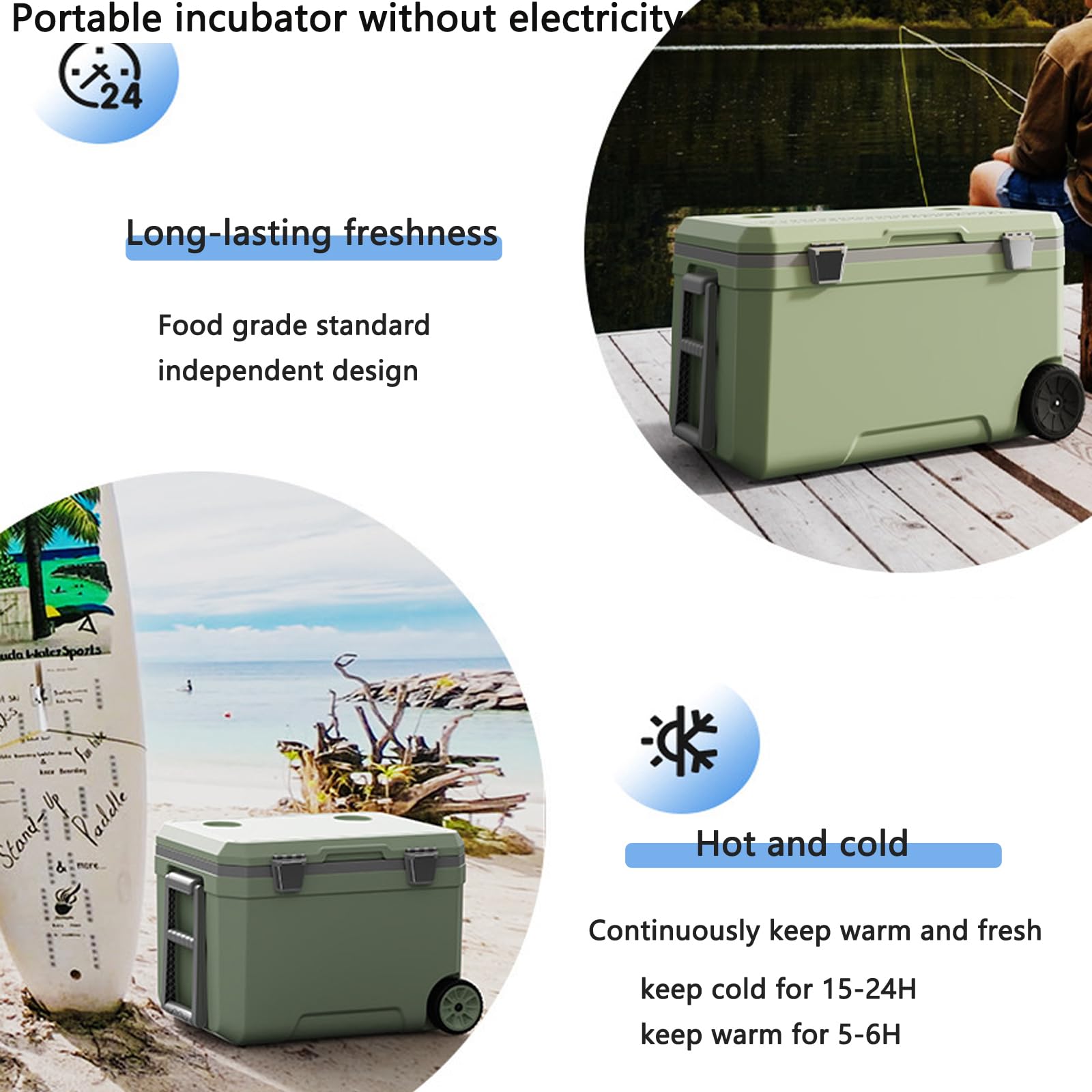 Raffreddatore portatile isolato con ruote, per campeggio e attività all'aperto, non richiede elettricità per refrigerazione e conservazione