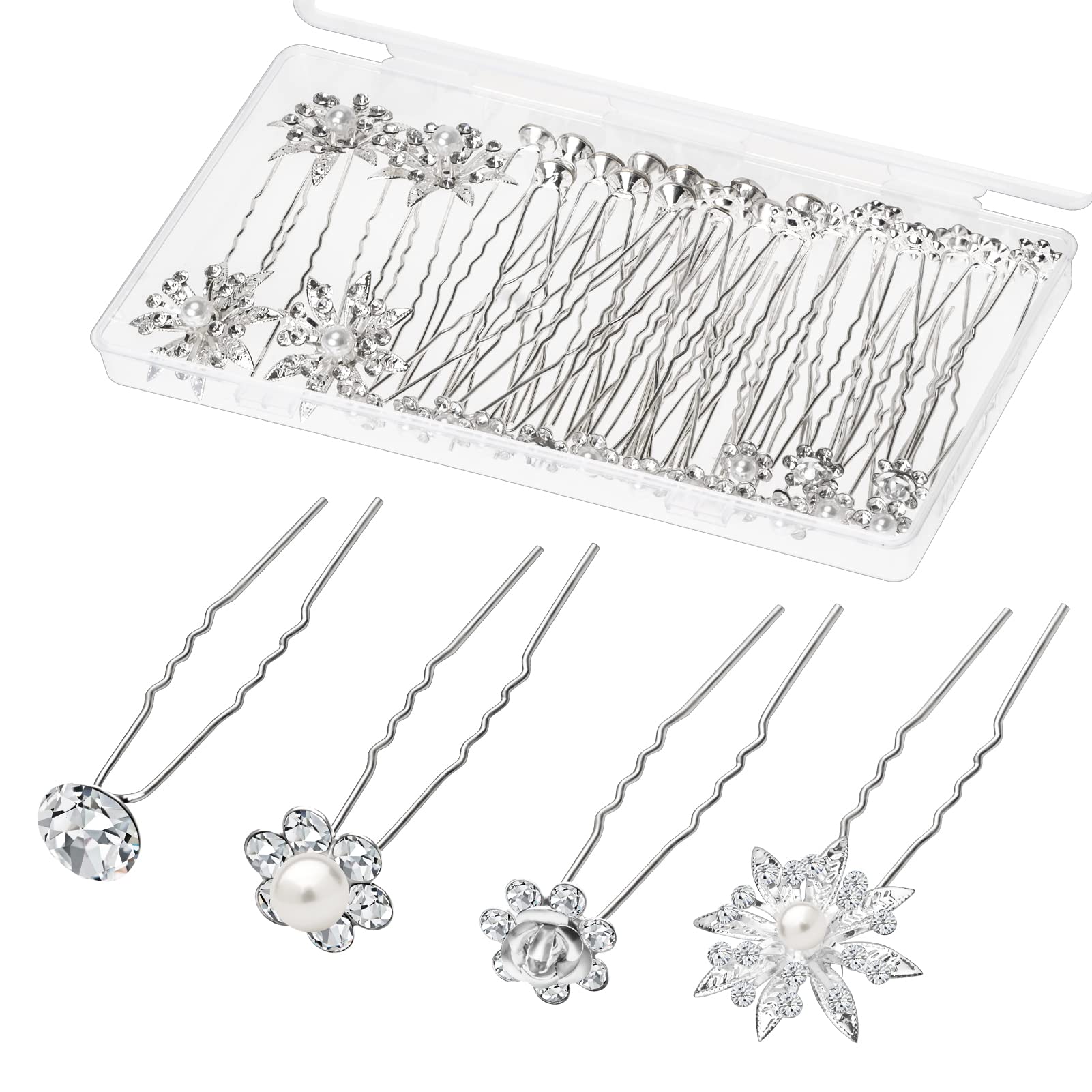 40 Pcs Wedding Flower Hair Pins for Bridal, Gingbiss U Shape Bridal Hair Accessories, Silver Rhinestone Pearl Hair Pins for Brides Bridesmaids Women Girls