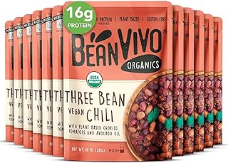 BeanVIVO (Pack of 12) Organics 16g Plant based Protein Three Bean Vegan Chili - Good Source of Fiber - Nutritious & Microwave Meals - Gluten-Free Plant Food - 10 oz