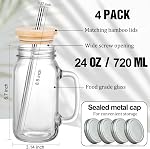 24 oz Mason Jar Cups avec poignées, large bouche grande tasse de café glacé avec des Lids de bambou & Paille, Tasses en verre Pots à boire Tumbler pour smoothie de jus d'eau froide party Boissons, Ensemble de 4