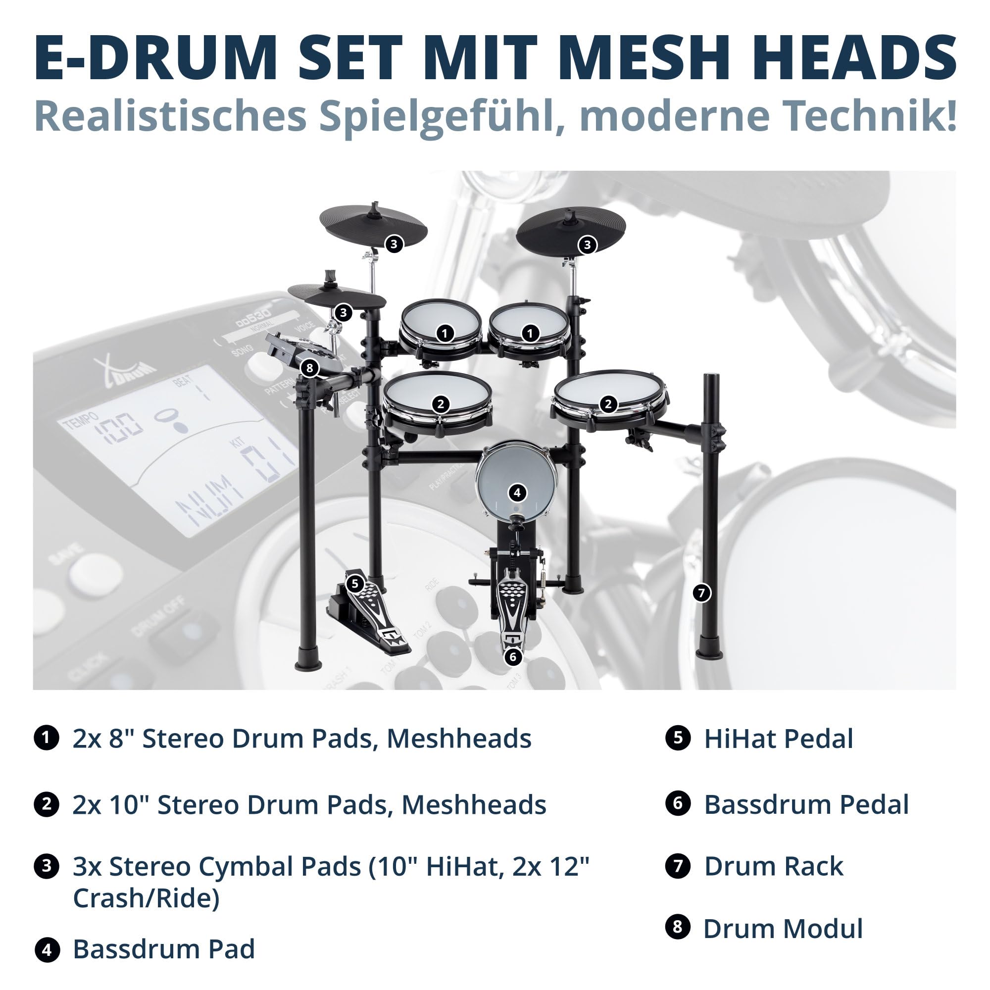 XDrum DD-530 Set de Batería Electrónica con Parche Mesh, Rack para batería | 4 pads de batería estéreo con parches mesh (2 x 8", 2 x 10"), 3 pads de platillos estéreo (HiHat 10", Crash 12", Ride 12")