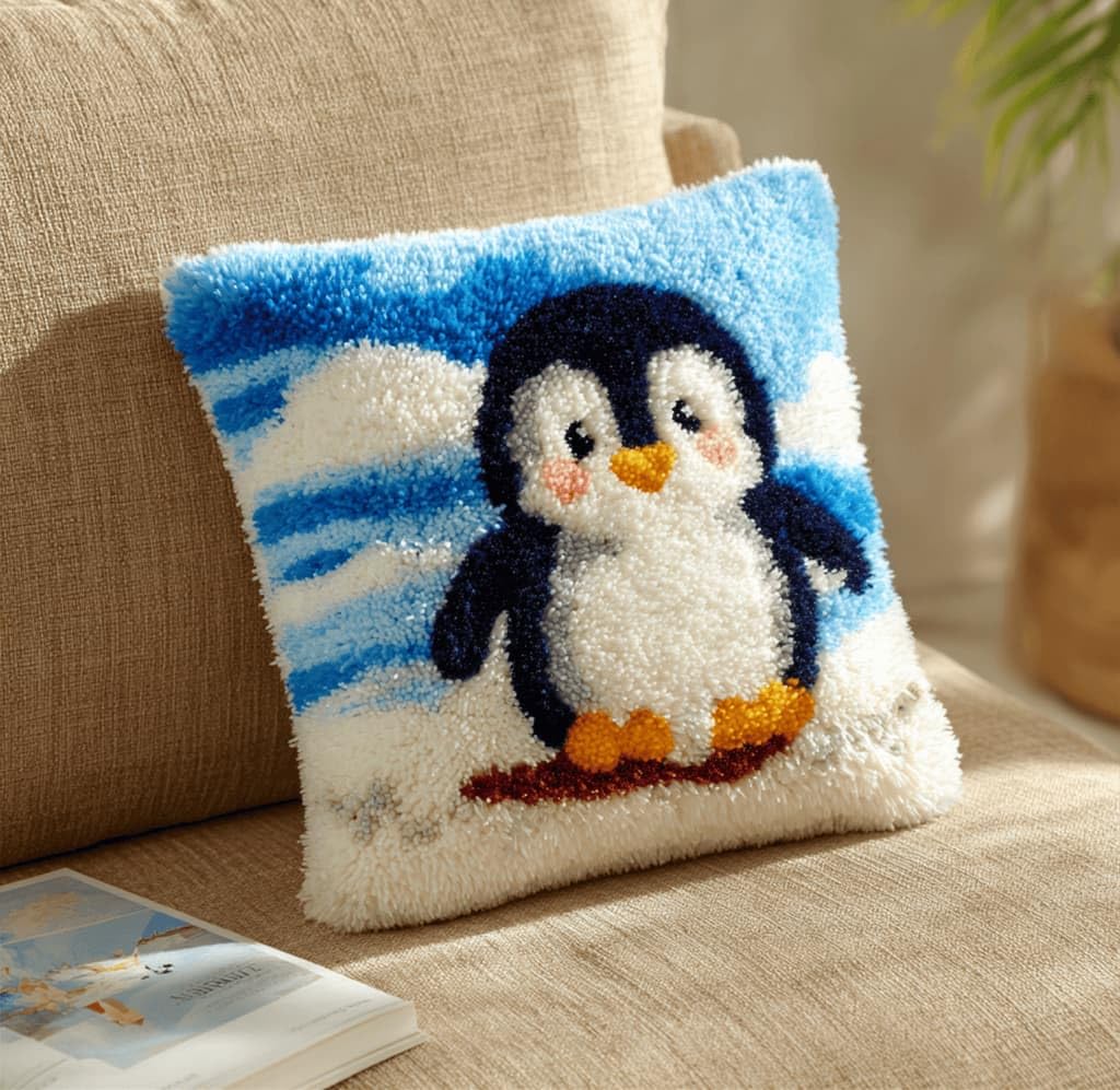 Kitquiver Decor Latch Hook Cushion Kit,Penguin DIY Pillow Cover 43X43Cm