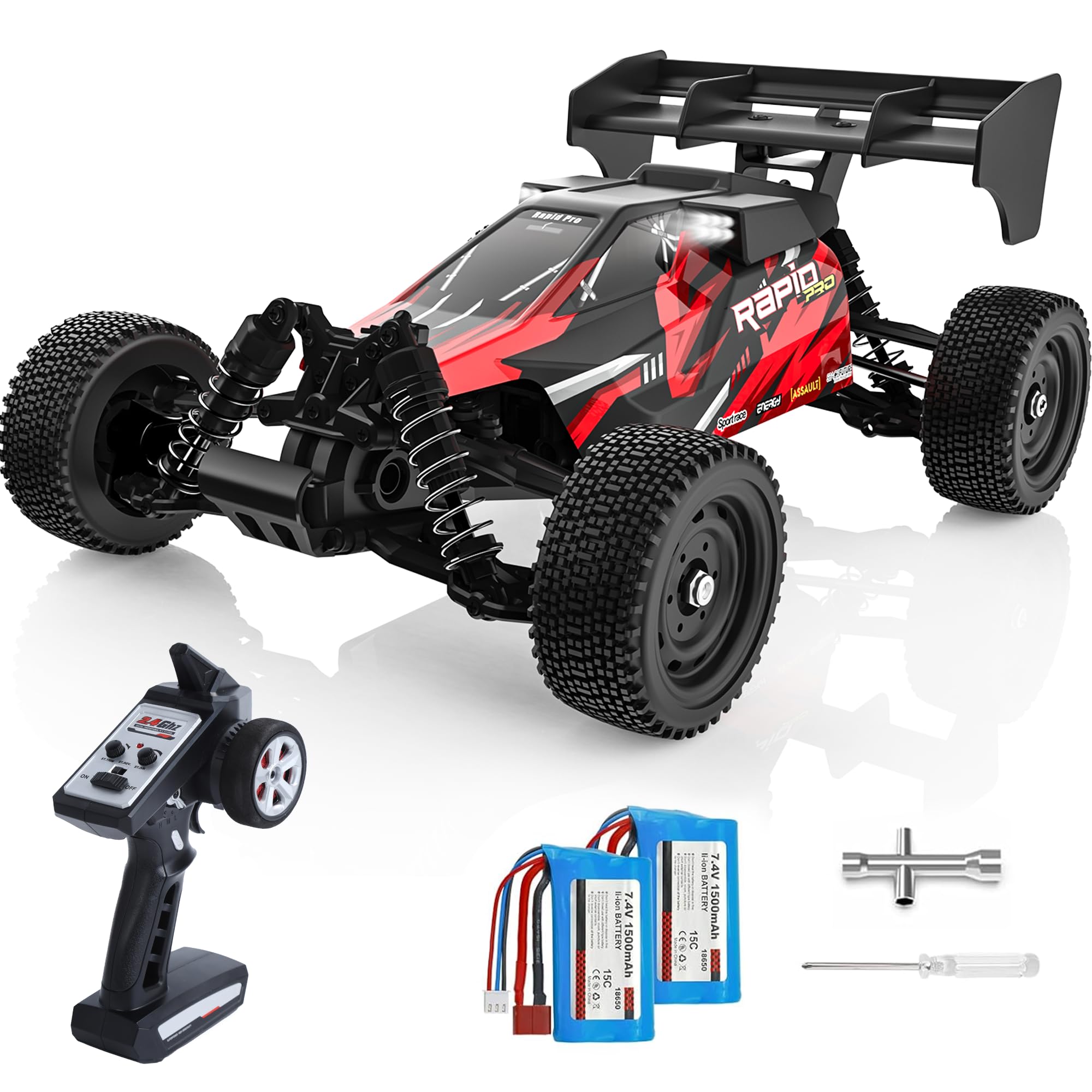 DEERC Ferngesteuertes Auto 1:16 Bürstenloser Motor 50 km/h, 2WD Schnelles Offroad Auto mit 2 Akkus & LED-Licht, RC Auto für Erwachsene und Kinder, Geschenk zu Weihnachten und Geburtstag