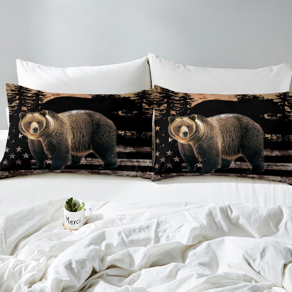 Homewish Set di biancheria da letto per letto super king size con orso, con bandiera americana, per adolescenti e uomini, motivo animali selvatici e boschi, stile mimetico, decorazione per camera da