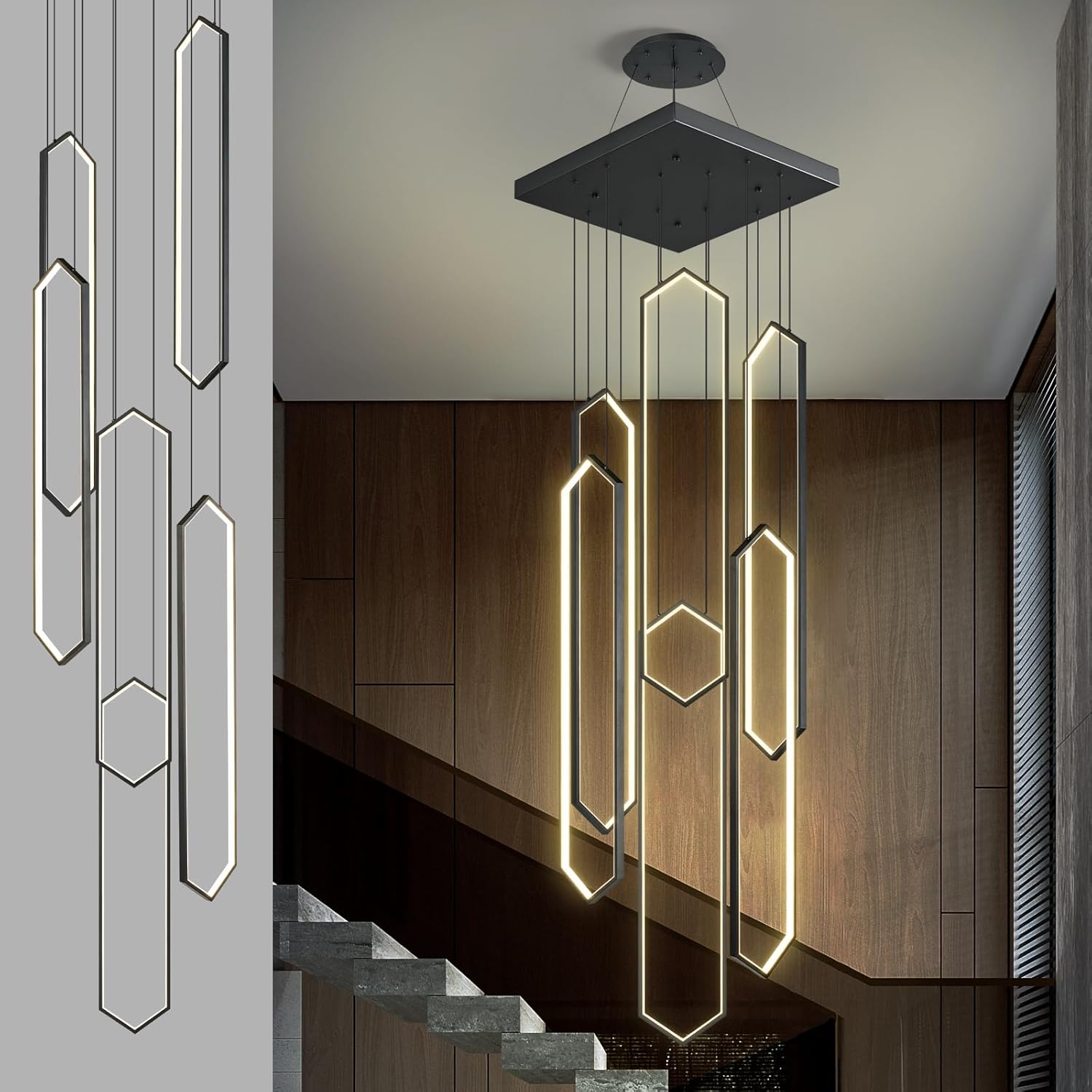 Modern Adjustable Height Chandelier Black 4000K LED Pendant Lights 6 Rings Rectangular Celling Light Staircase Large Chandelier for High Ceilings Foyer Entryway