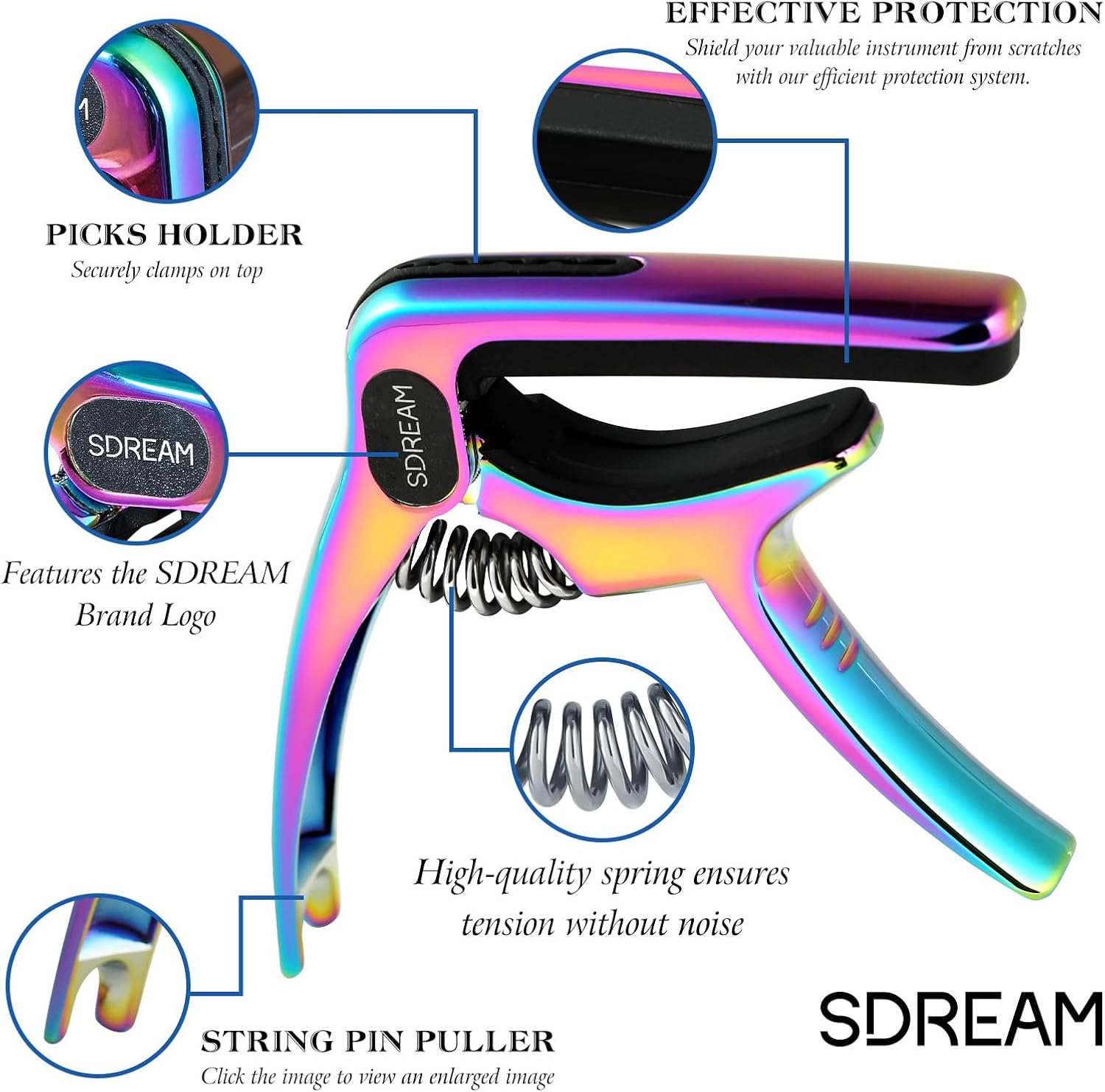 SDREAM Capo For Acoustic Electric Guitar 6 String - One Hand Quick Change Capo for Banjo Classical Guitar Bass Ukulele Mandolin with 5 Picks