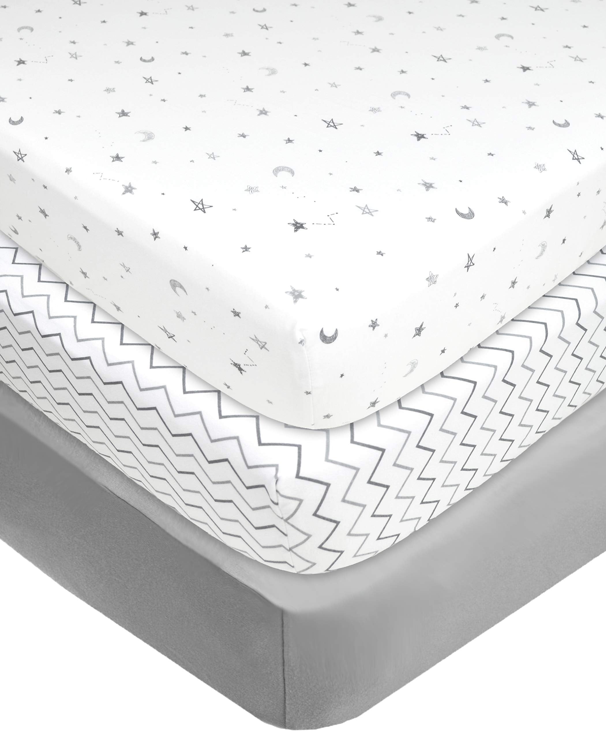 3 Pack 100% Natural Cotton Fitted Crib Sheets 52" x 28" - Soft, Breathable, Hypoallergenic & Gentle Toddler Bed Sheets, Grey Star/Zigzag, Neutral for Boys & Girls