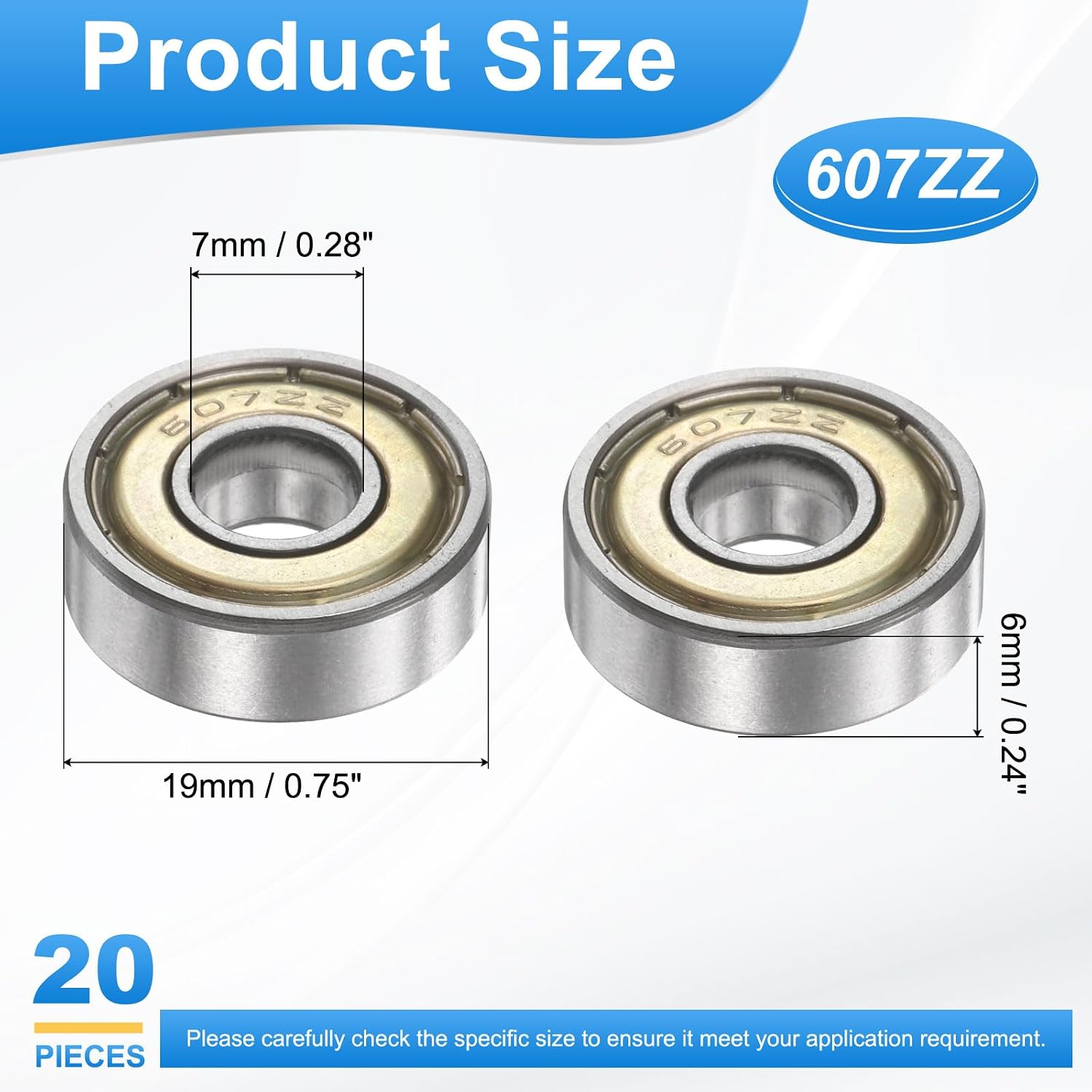PATIKIL 607ZZ 7mm x 19mm x 6mm Deep Groove Ball Bearing, 20Pcs Double Metal Sealed Miniature Industrial Bearings for Electric Motor Industrial Machine Skateboard Roller Skate
