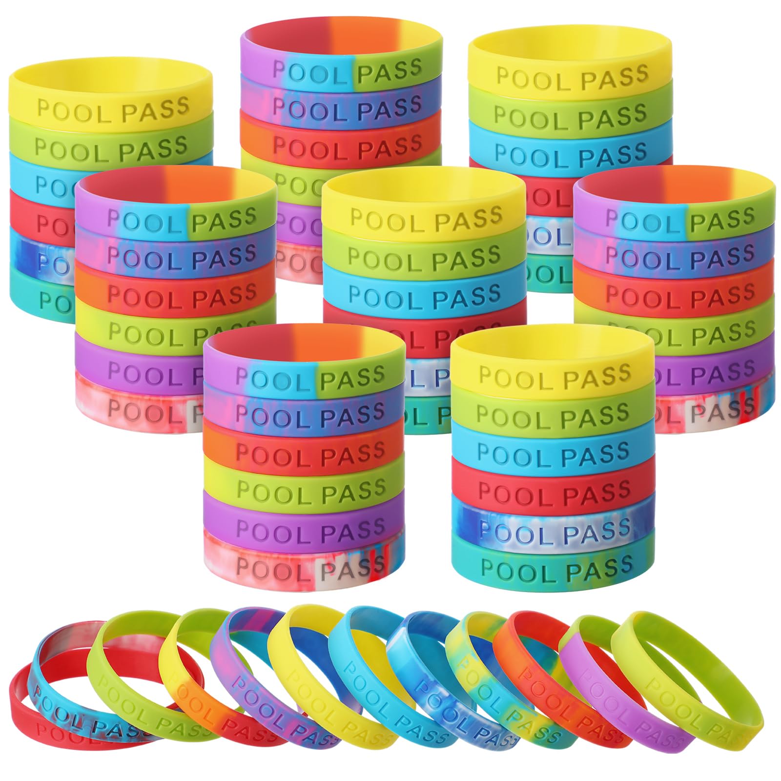Cunno 120 Pcs Pool Pass Silicone Wristbands Bulk Swimming Bath Waterproof Bracelets Laser Engraved for Pool Water Parks Resorts Hotels Events